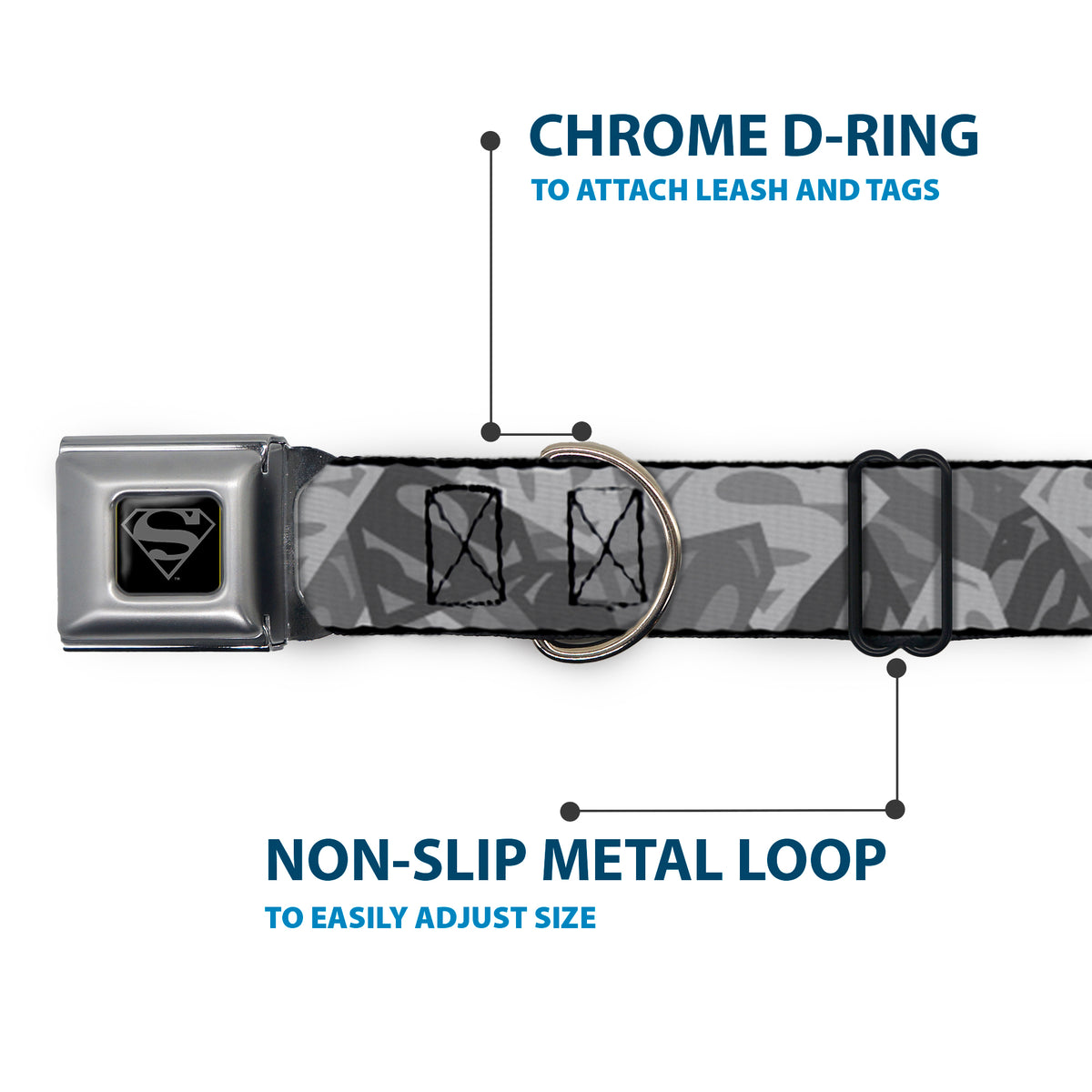 Superman Black/Silver Seatbelt Buckle Collar - Superman Shield Camouflage Grays Dog Collars Seatbelt Buckle DC Comics