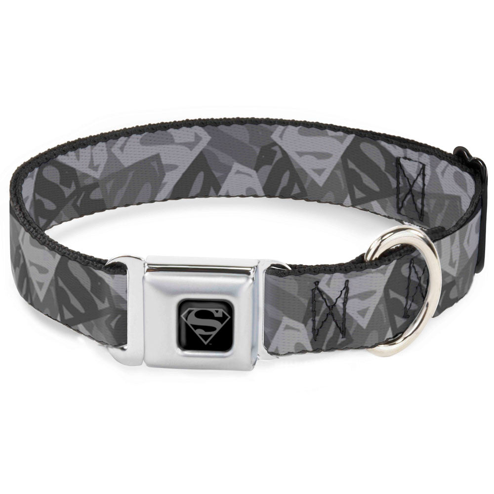 Superman Black/Silver Seatbelt Buckle Collar - Superman Shield Camouflage Grays Dog Collars Seatbelt Buckle DC Comics