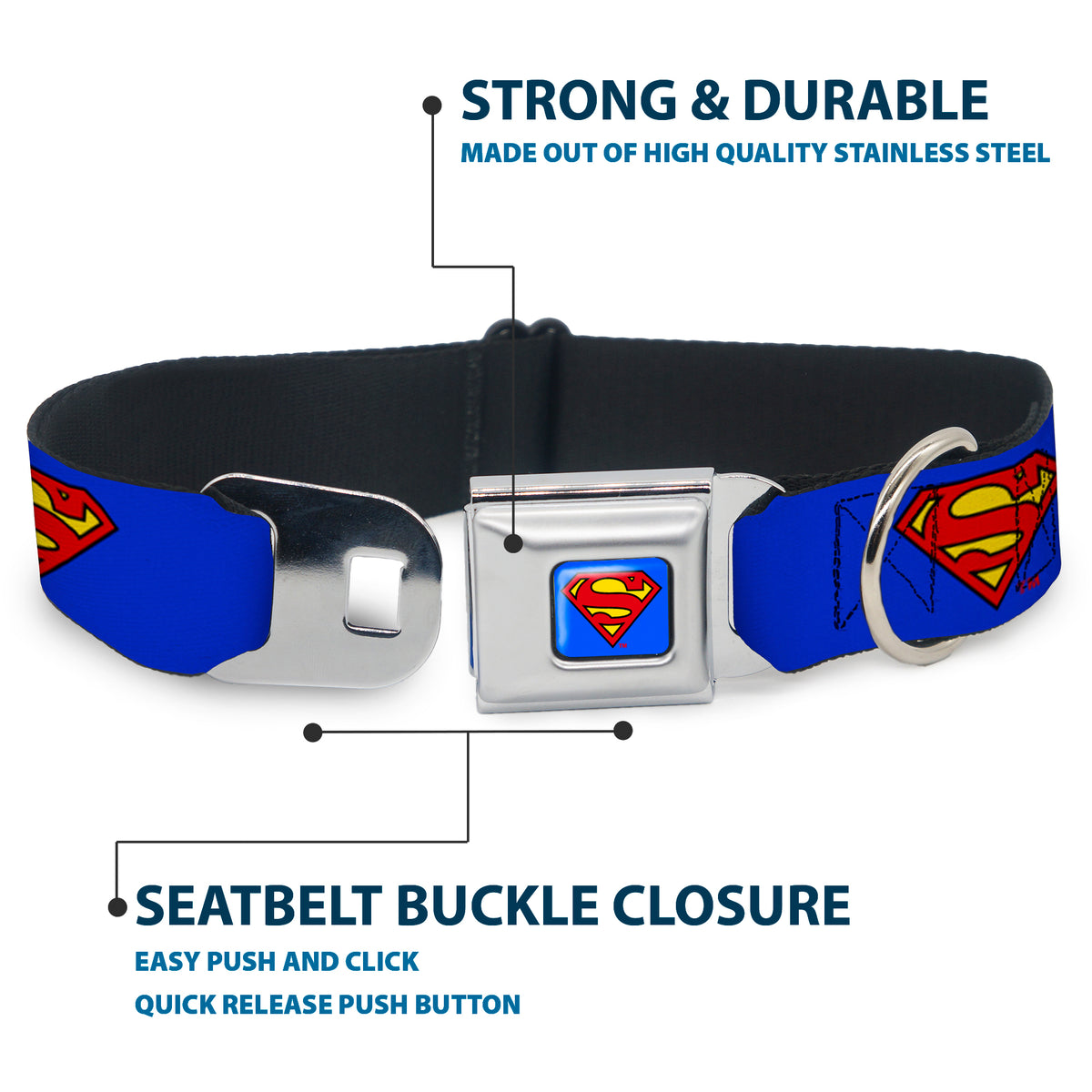Superman Full Color Blue Seatbelt Buckle Collar - Superman Shield Blue Dog Collars Seatbelt Buckle DC Comics