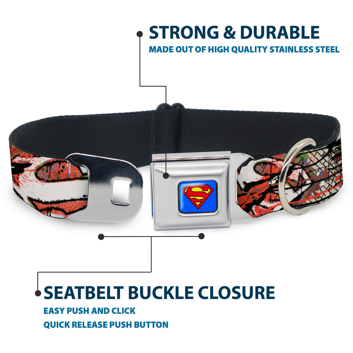 Superman Full Color Blue Seatbelt Buckle Collar - Superman Color Flying Bricks Scene Dog Collars Seatbelt Buckle DC Comics
