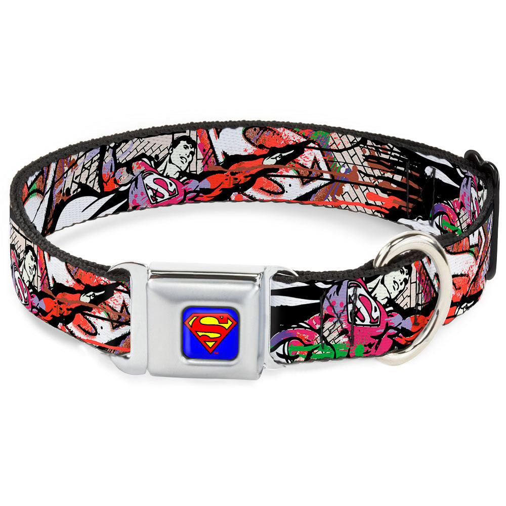 Superman Full Color Blue Seatbelt Buckle Collar - Superman Color Flying Bricks Scene Dog Collars Seatbelt Buckle DC Comics
