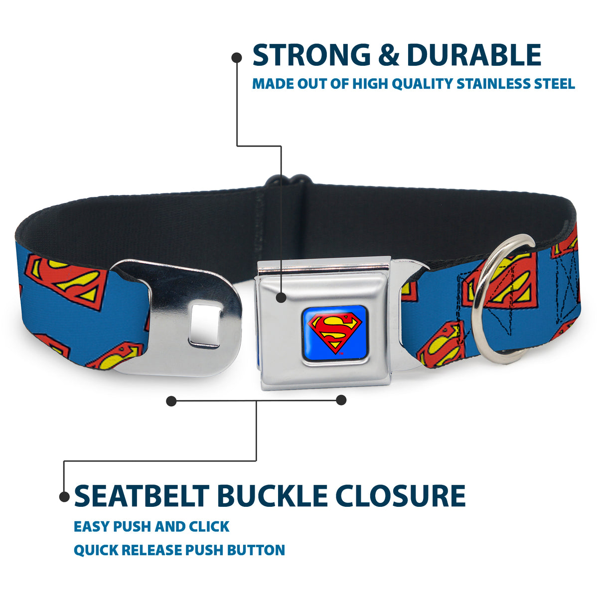 Superman Full Color Blue Seatbelt Buckle Collar - Super Shield Diagonal Royal Blue/Red Dog Collars Seatbelt Buckle DC Comics