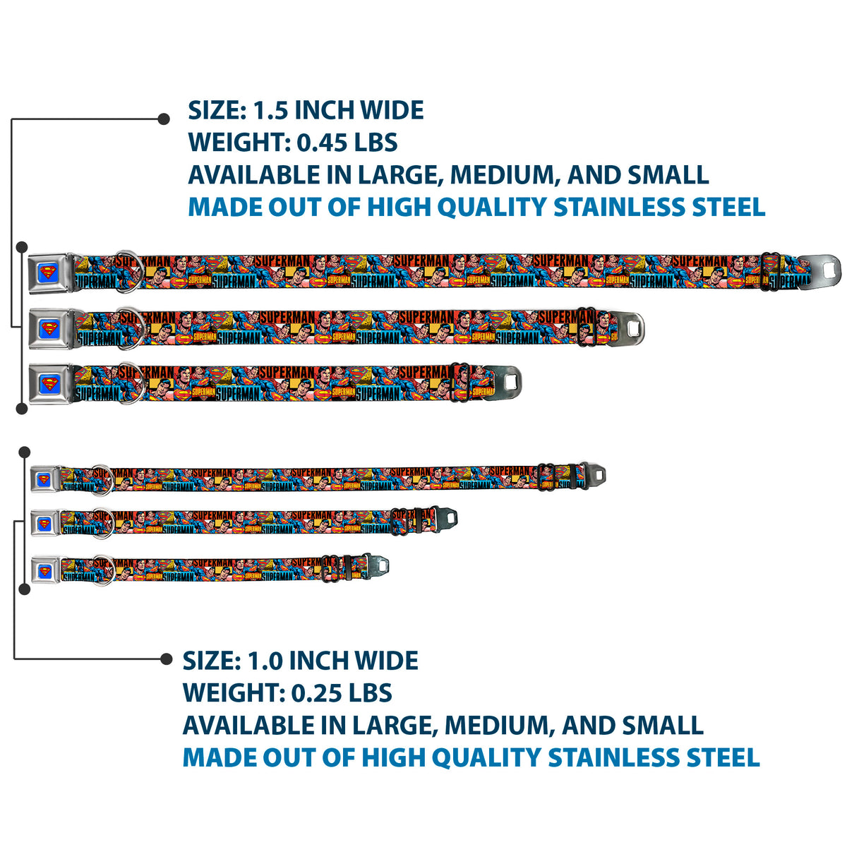 Superman Full Color Blue Seatbelt Buckle Collar - SUPERMAN Action Blocks Red/Blue Dog Collars Seatbelt Buckle DC Comics
