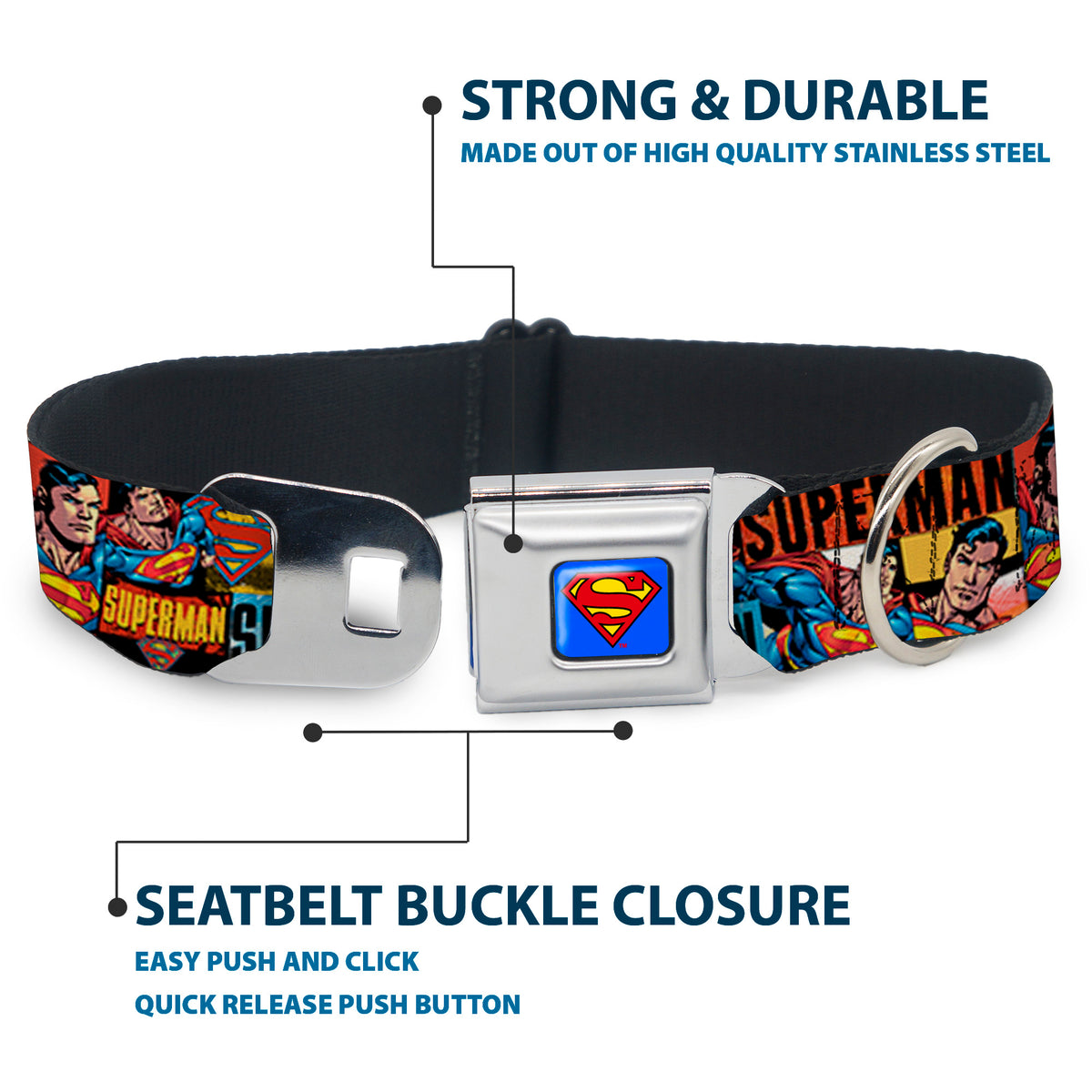 Superman Full Color Blue Seatbelt Buckle Collar - SUPERMAN Action Blocks Red/Blue Dog Collars Seatbelt Buckle DC Comics