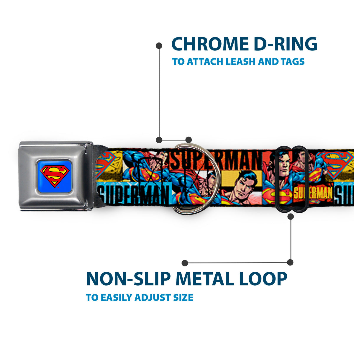 Superman Full Color Blue Seatbelt Buckle Collar - SUPERMAN Action Blocks Red/Blue Dog Collars Seatbelt Buckle DC Comics