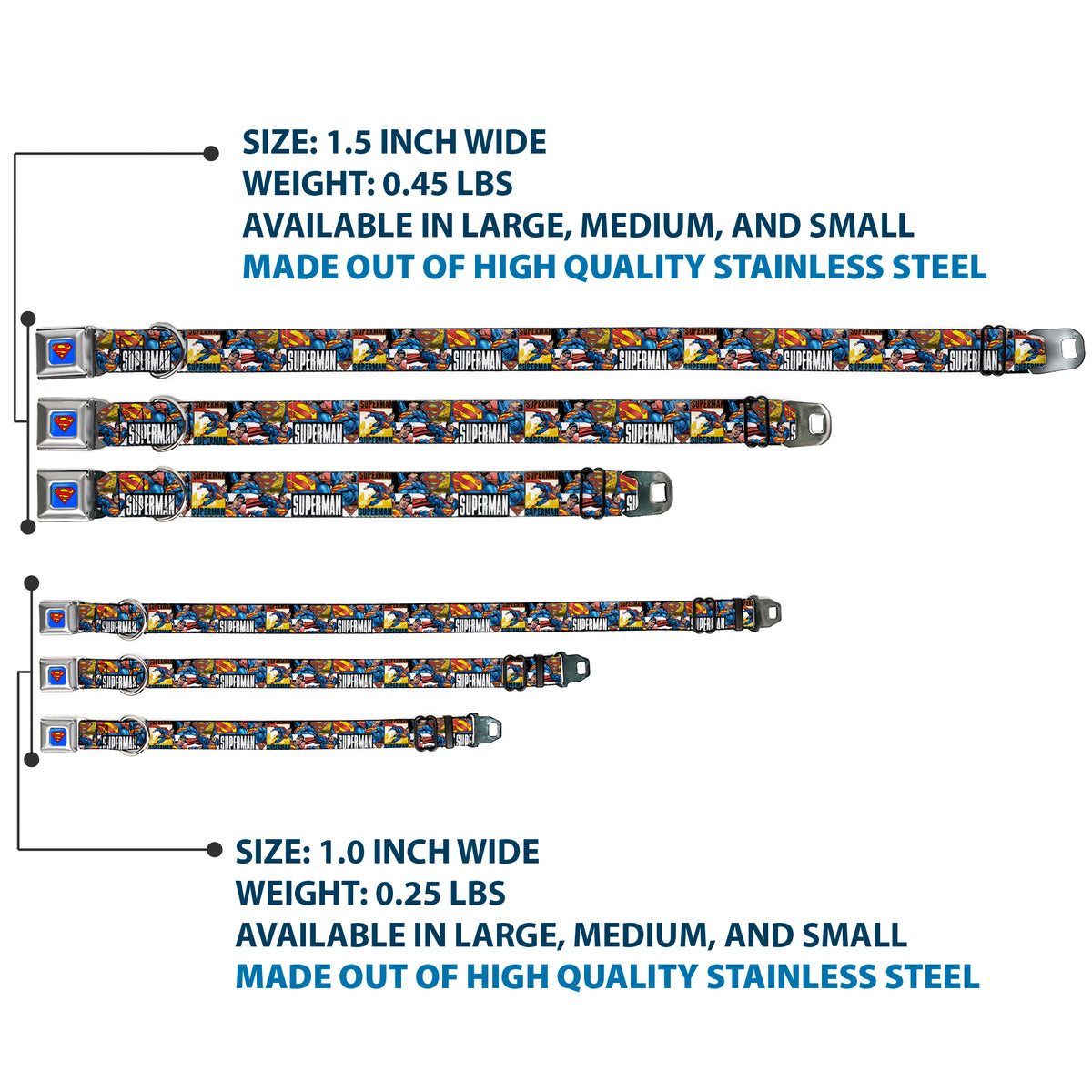 Superman Full Color Blue Seatbelt Buckle Collar - SUPERMAN Action Blocks White Dog Collars Seatbelt Buckle DC Comics