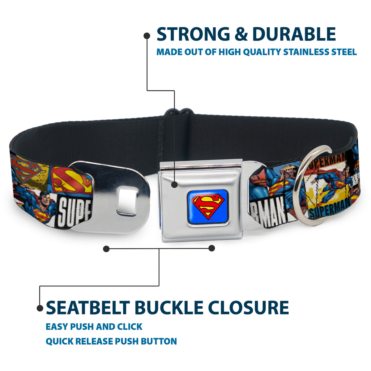 Superman Full Color Blue Seatbelt Buckle Collar - SUPERMAN Action Blocks White Dog Collars Seatbelt Buckle DC Comics