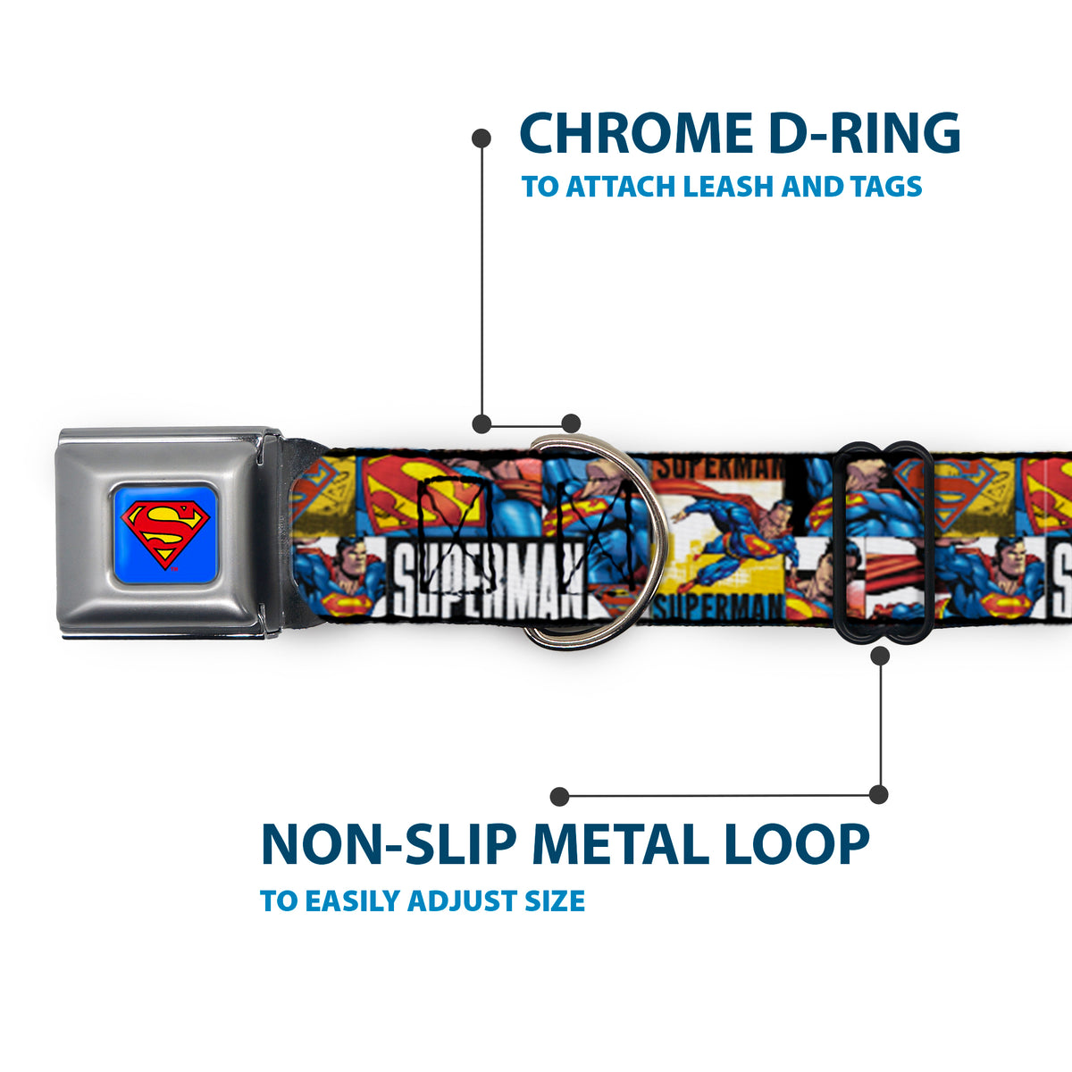 Superman Full Color Blue Seatbelt Buckle Collar - SUPERMAN Action Blocks White Dog Collars Seatbelt Buckle DC Comics
