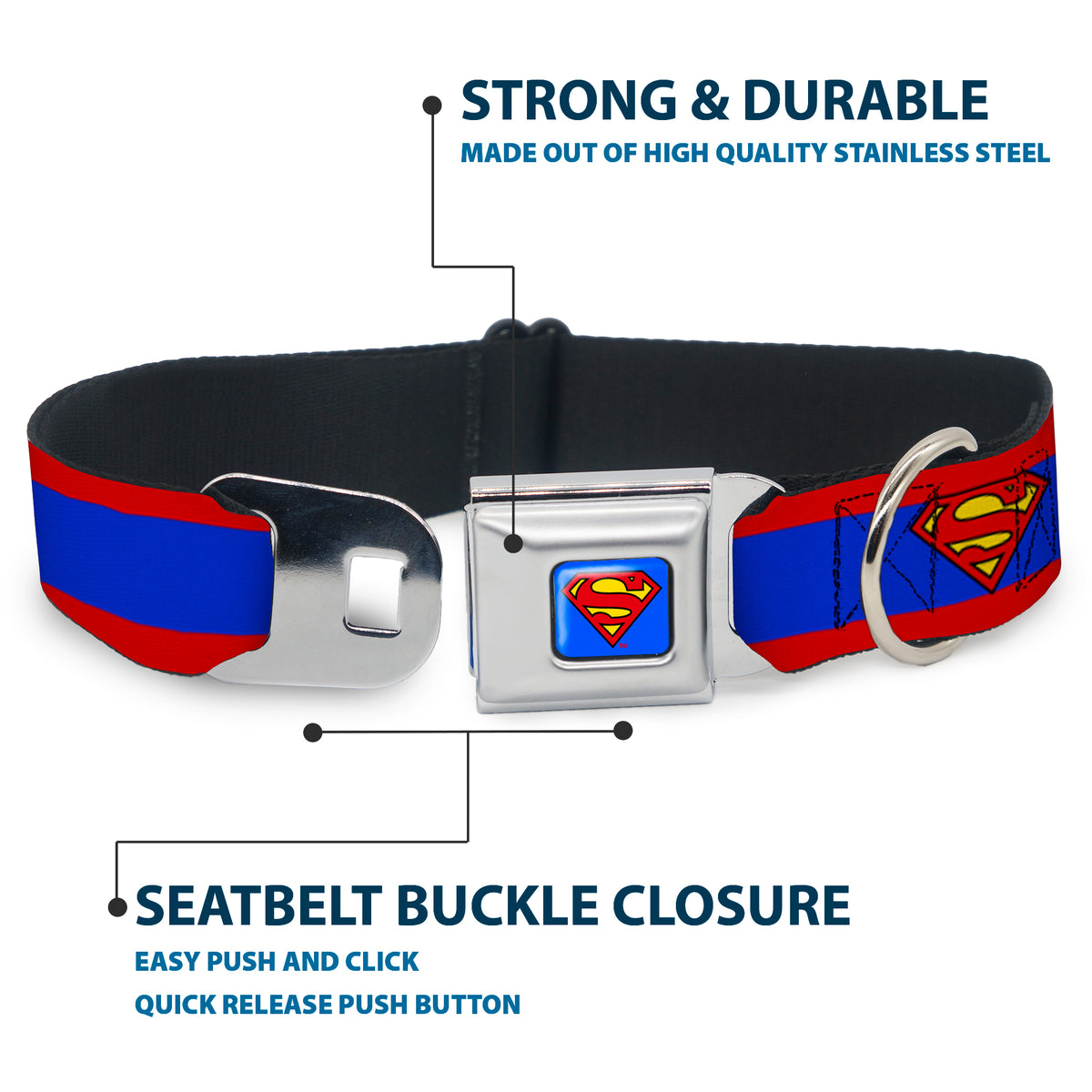 Superman Full Color Blue Seatbelt Buckle Collar - Superman Shield/Stripe Red/Blue Dog Collars Seatbelt Buckle DC Comics