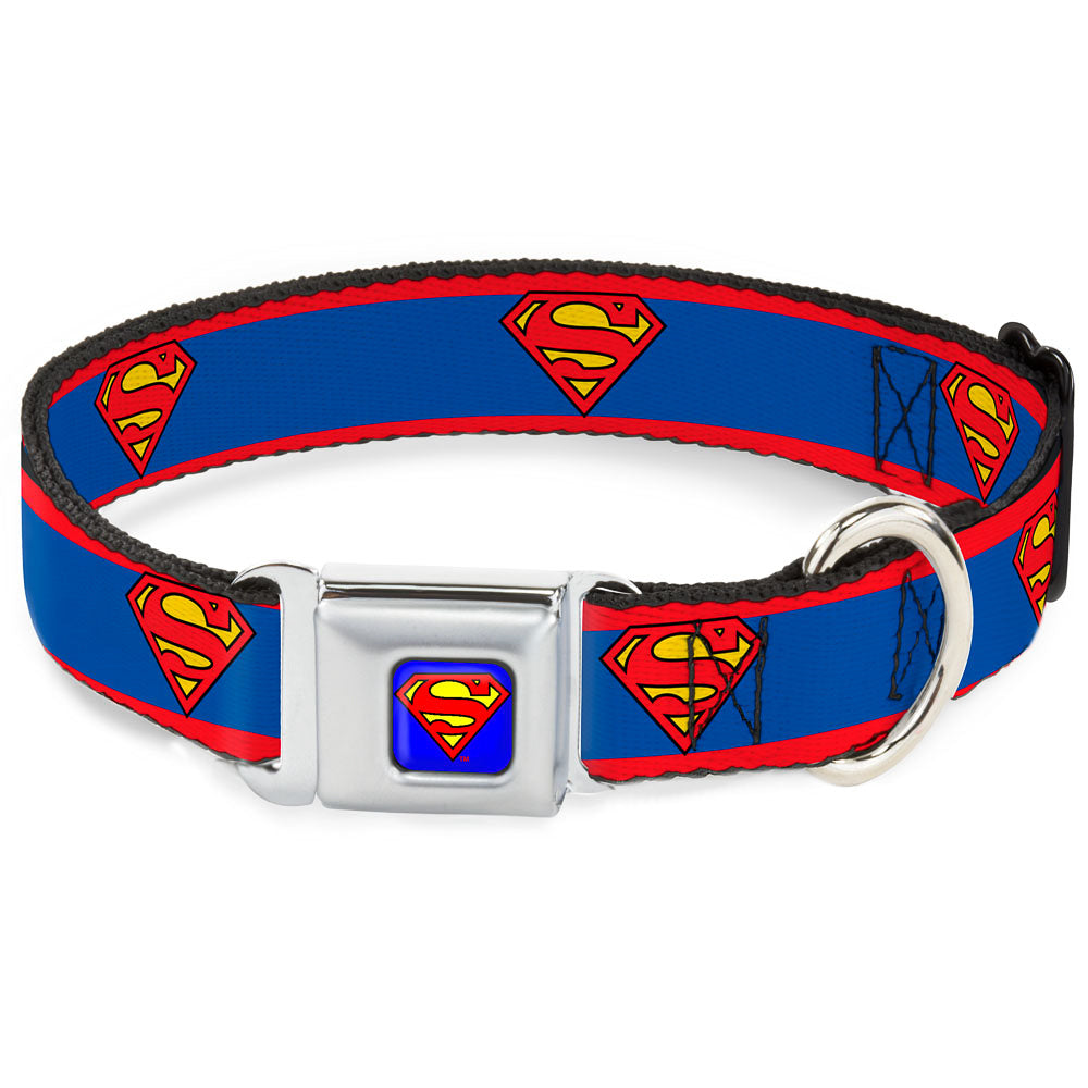 Superman Full Color Blue Seatbelt Buckle Collar - Superman Shield/Stripe Red/Blue Dog Collars Seatbelt Buckle DC Comics