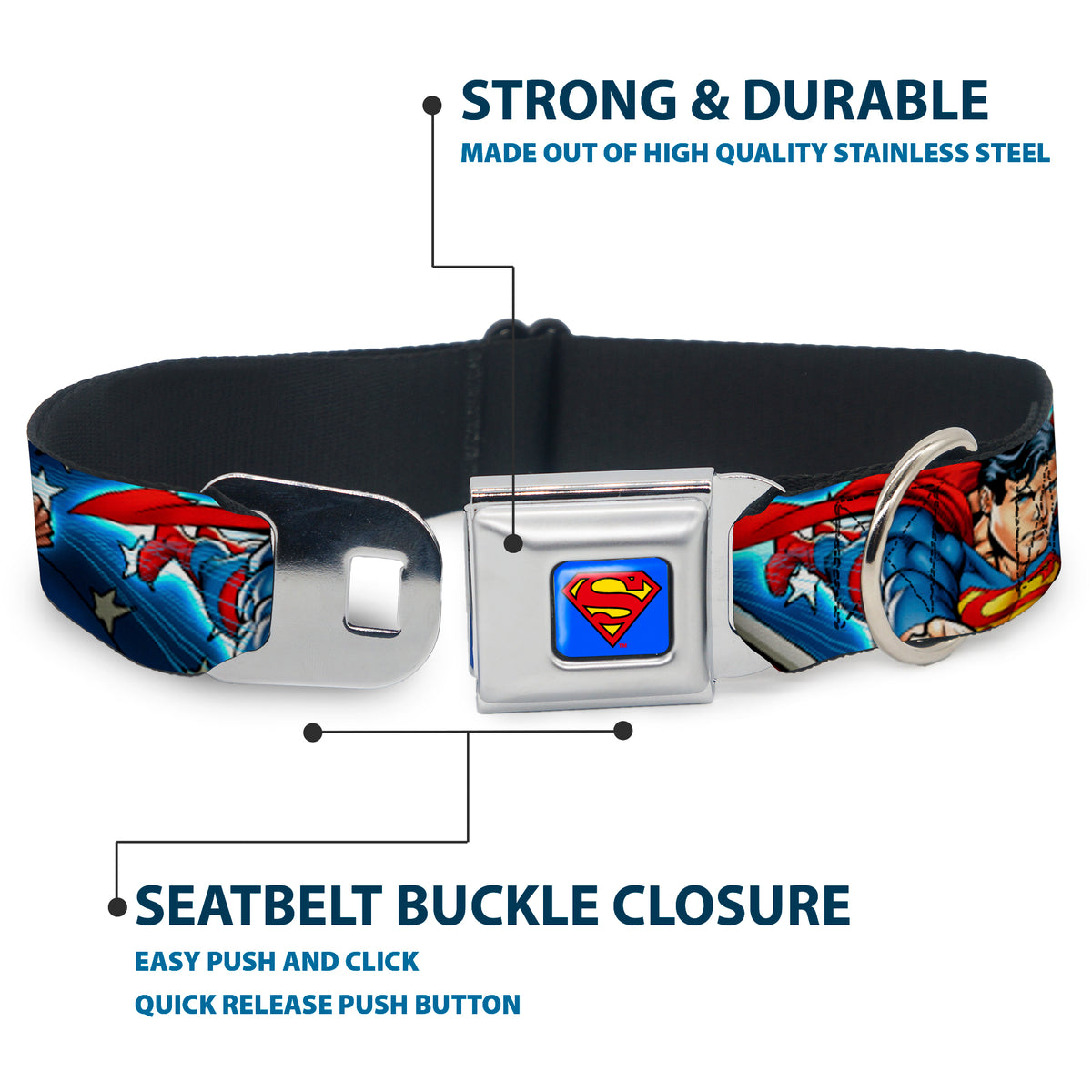 Superman Full Color Blue Seatbelt Buckle Collar - Superman Action Poses/Stars & Stripes Dog Collars Seatbelt Buckle DC Comics