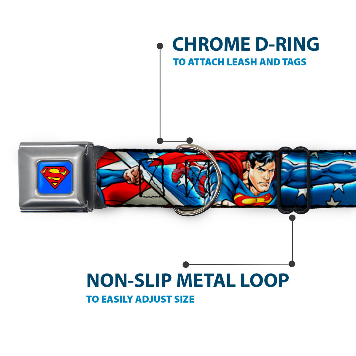 Superman Full Color Blue Seatbelt Buckle Collar - Superman Action Poses/Stars & Stripes Dog Collars Seatbelt Buckle DC Comics
