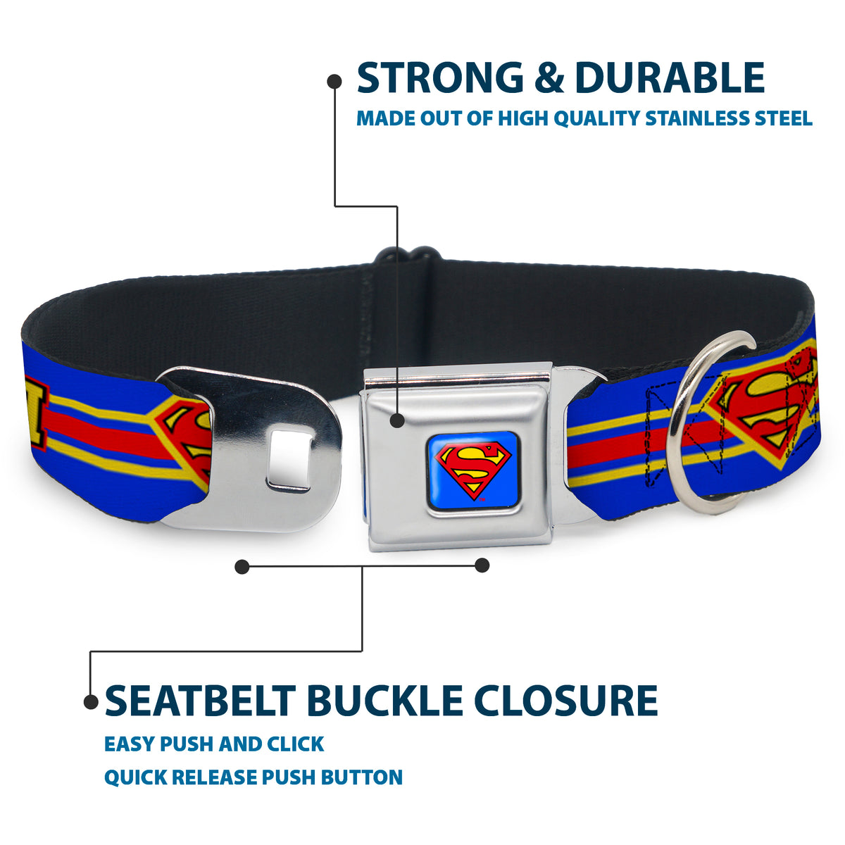 Superman Full Color Blue Seatbelt Buckle Collar - SUPERMAN/Shield Stripe Blue/Yellow/Red Dog Collars Seatbelt Buckle DC Comics