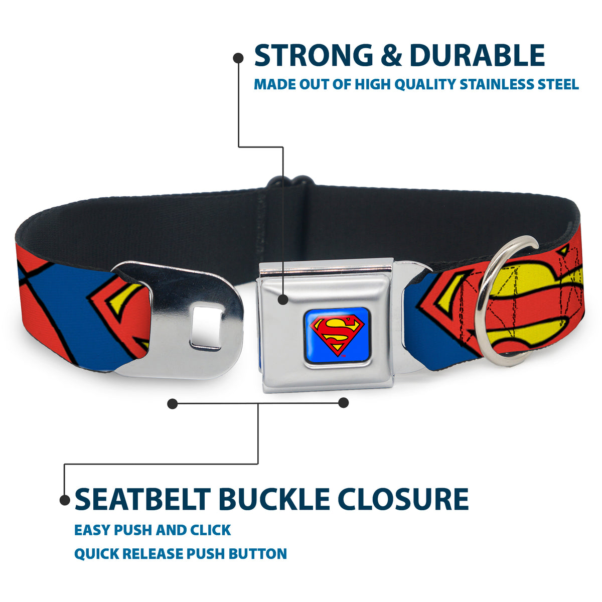 Superman Blue Seatbelt Buckle Collar - Superman Shield CLOSE-UP Blue/Red/Yellow Dog Collars Seatbelt Buckle DC Comics
