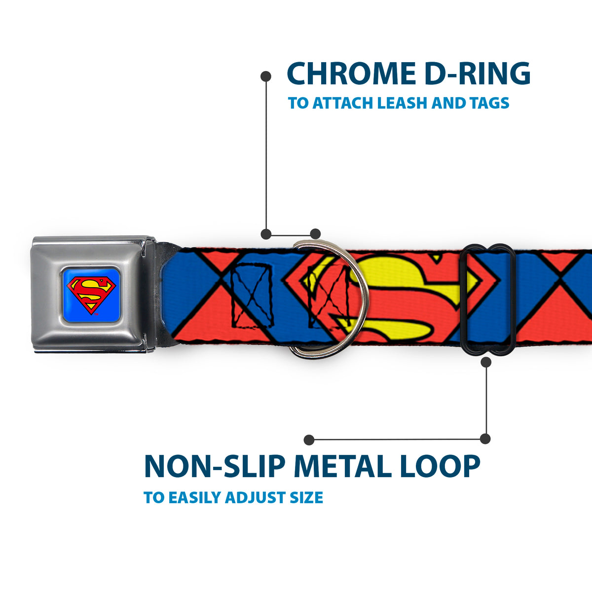 Superman Blue Seatbelt Buckle Collar - Superman Shield CLOSE-UP Blue/Red/Yellow Dog Collars Seatbelt Buckle DC Comics