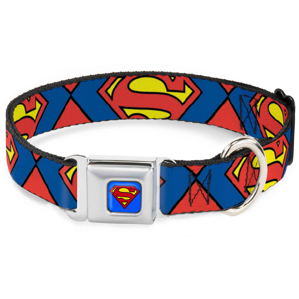 Superman Blue Seatbelt Buckle Collar - Superman Shield CLOSE-UP Blue/Red/Yellow Dog Collars Seatbelt Buckle DC Comics