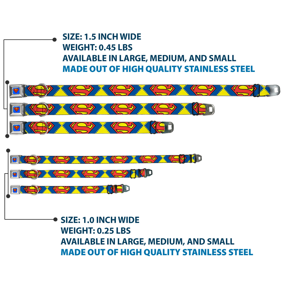 Superman Blue Seatbelt Buckle Collar - Jagged Superman Shield CLOSE-UP Yellow/Blue/Red Dog Collars Seatbelt Buckle DC Comics