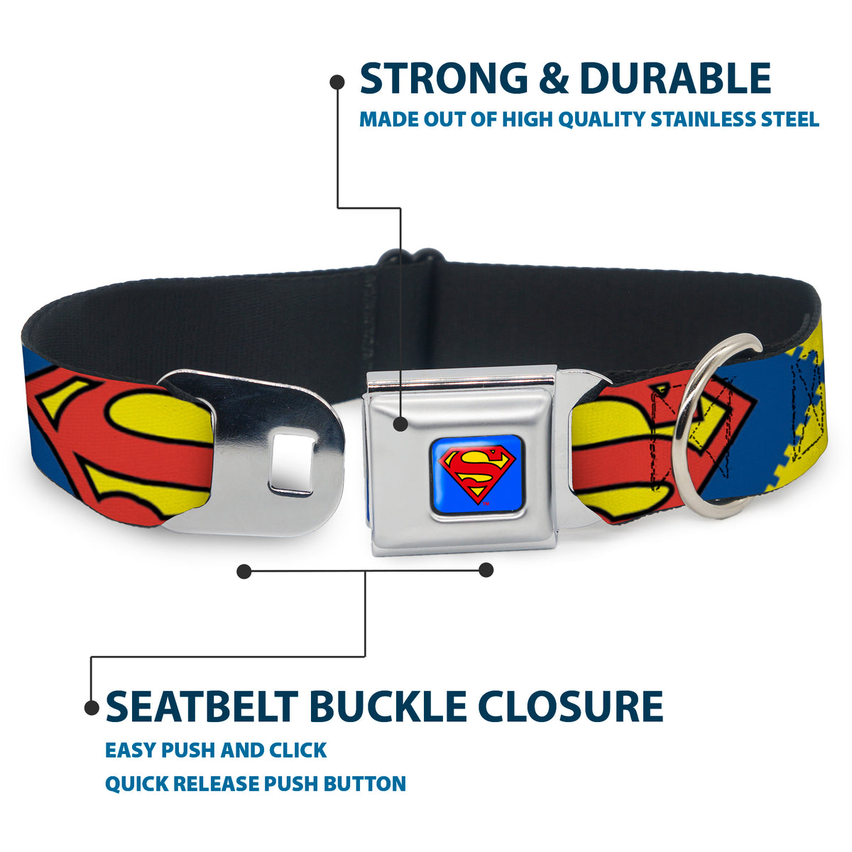 Superman Blue Seatbelt Buckle Collar - Jagged Superman Shield CLOSE-UP Yellow/Blue/Red Dog Collars Seatbelt Buckle DC Comics