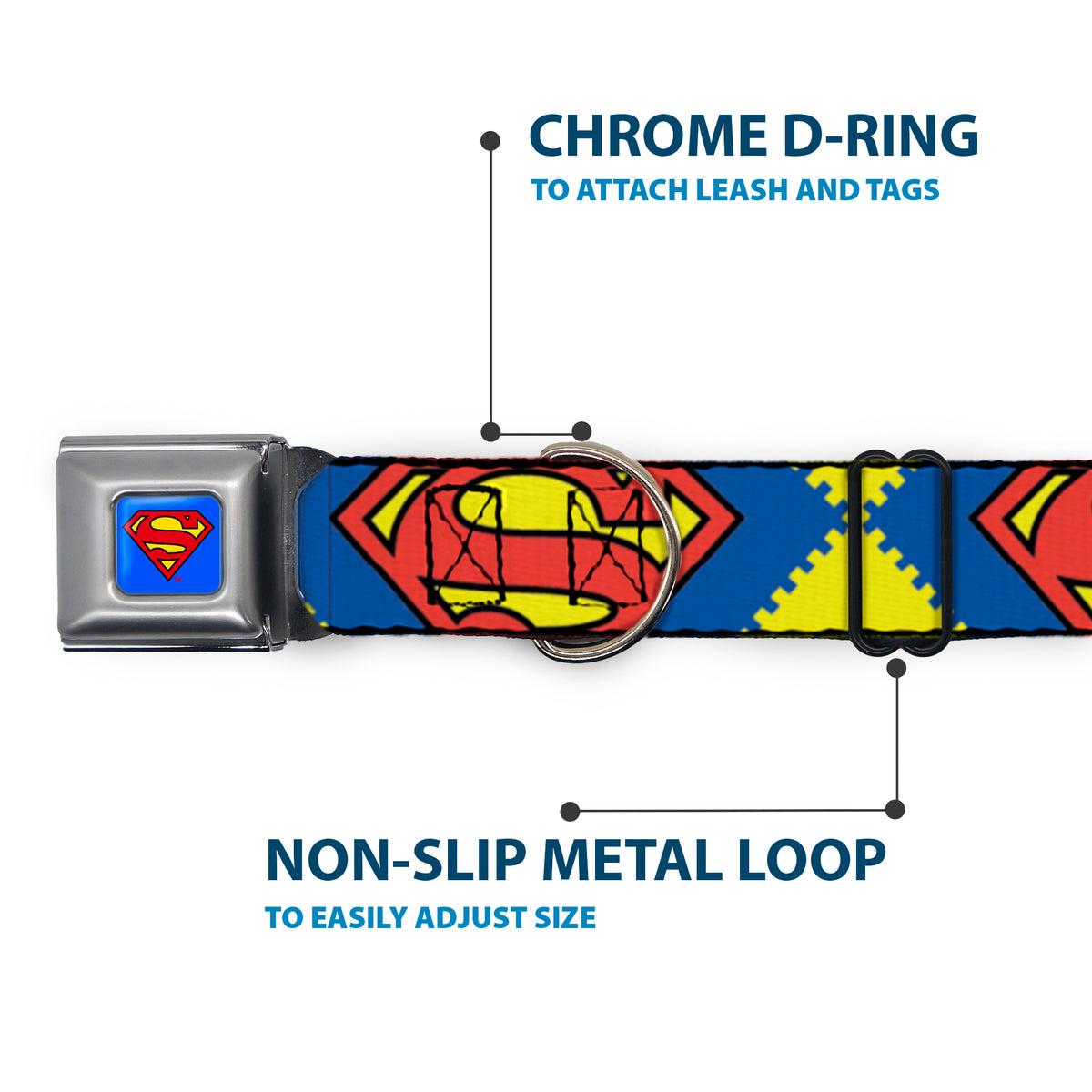 Superman Blue Seatbelt Buckle Collar - Jagged Superman Shield CLOSE-UP Yellow/Blue/Red Dog Collars Seatbelt Buckle DC Comics