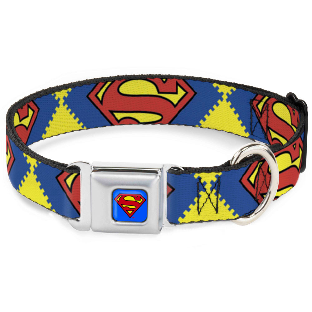 Superman Blue Seatbelt Buckle Collar - Jagged Superman Shield CLOSE-UP Yellow/Blue/Red Dog Collars Seatbelt Buckle DC Comics