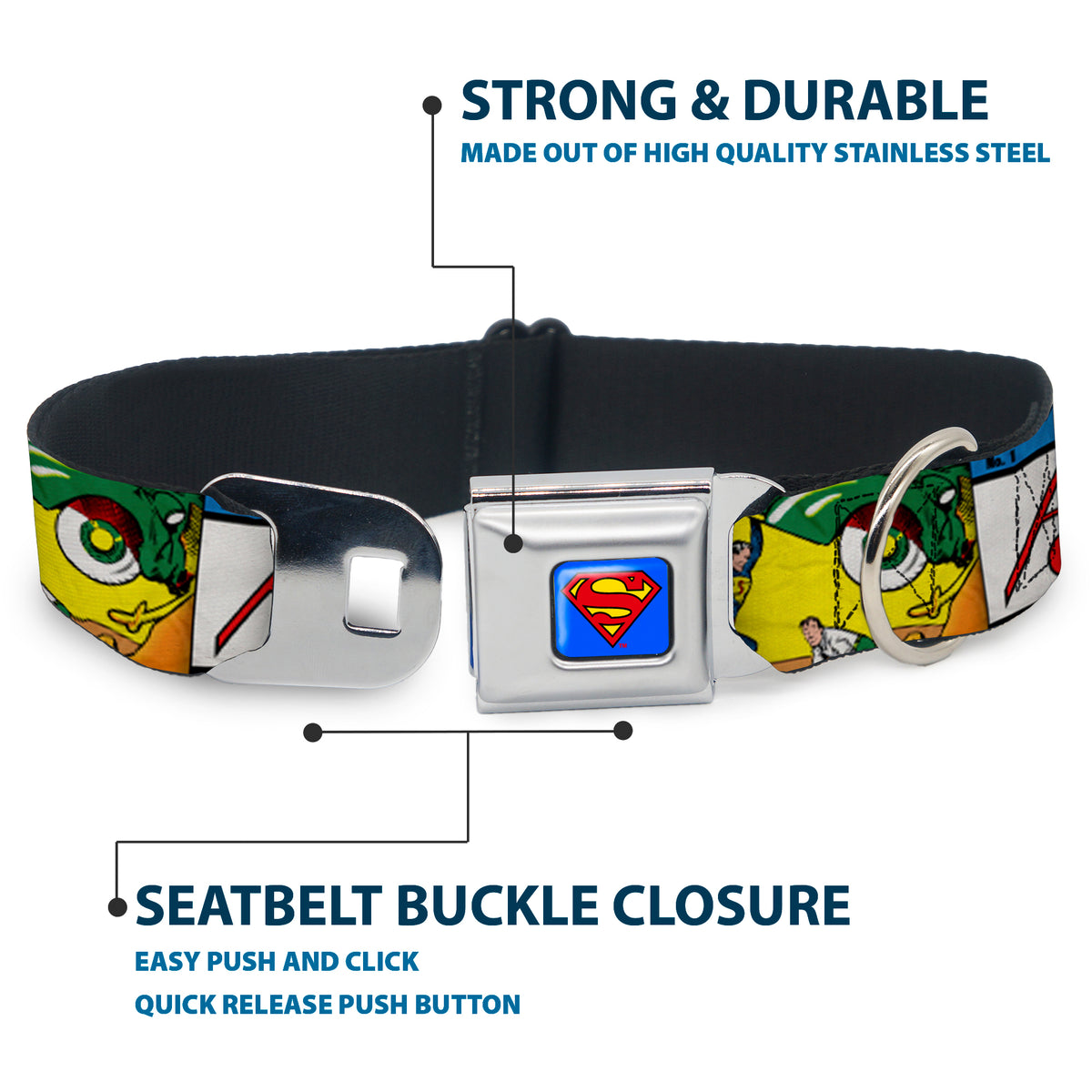 Superman Blue Seatbelt Buckle Collar - Classic ACTION COMICS Issue #1 Cover Superman Lifting Car Stacked Dog Collars Seatbelt Buckle DC Comics