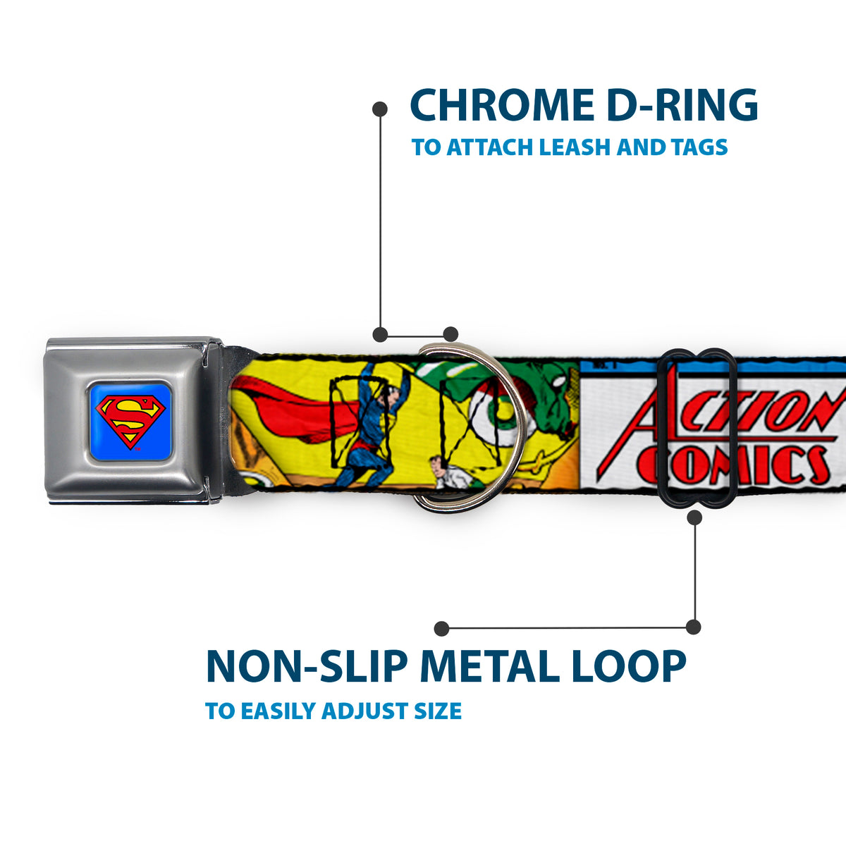 Superman Blue Seatbelt Buckle Collar - Classic ACTION COMICS Issue #1 Cover Superman Lifting Car Stacked Dog Collars Seatbelt Buckle DC Comics