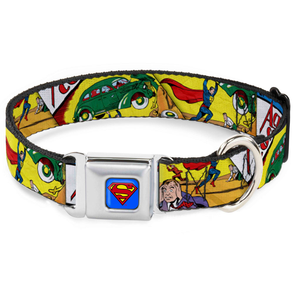 Superman Blue Seatbelt Buckle Collar - Classic ACTION COMICS Issue #1 Cover Superman Lifting Car Stacked Dog Collars Seatbelt Buckle DC Comics