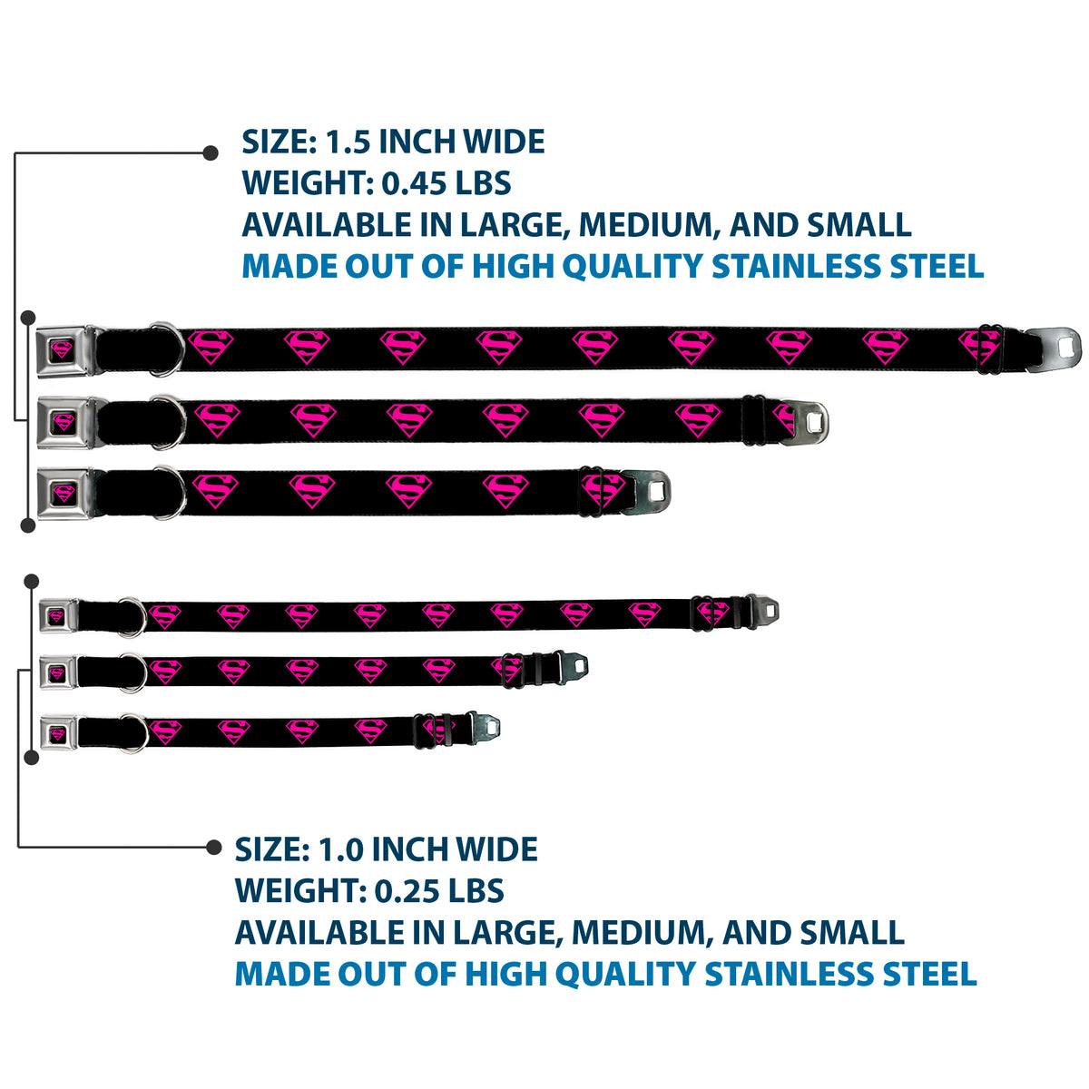 Superman Black/Hot Pink Seatbelt Buckle Collar - Superman Shield Black/Hot Pink Dog Collars Seatbelt Buckle DC Comics