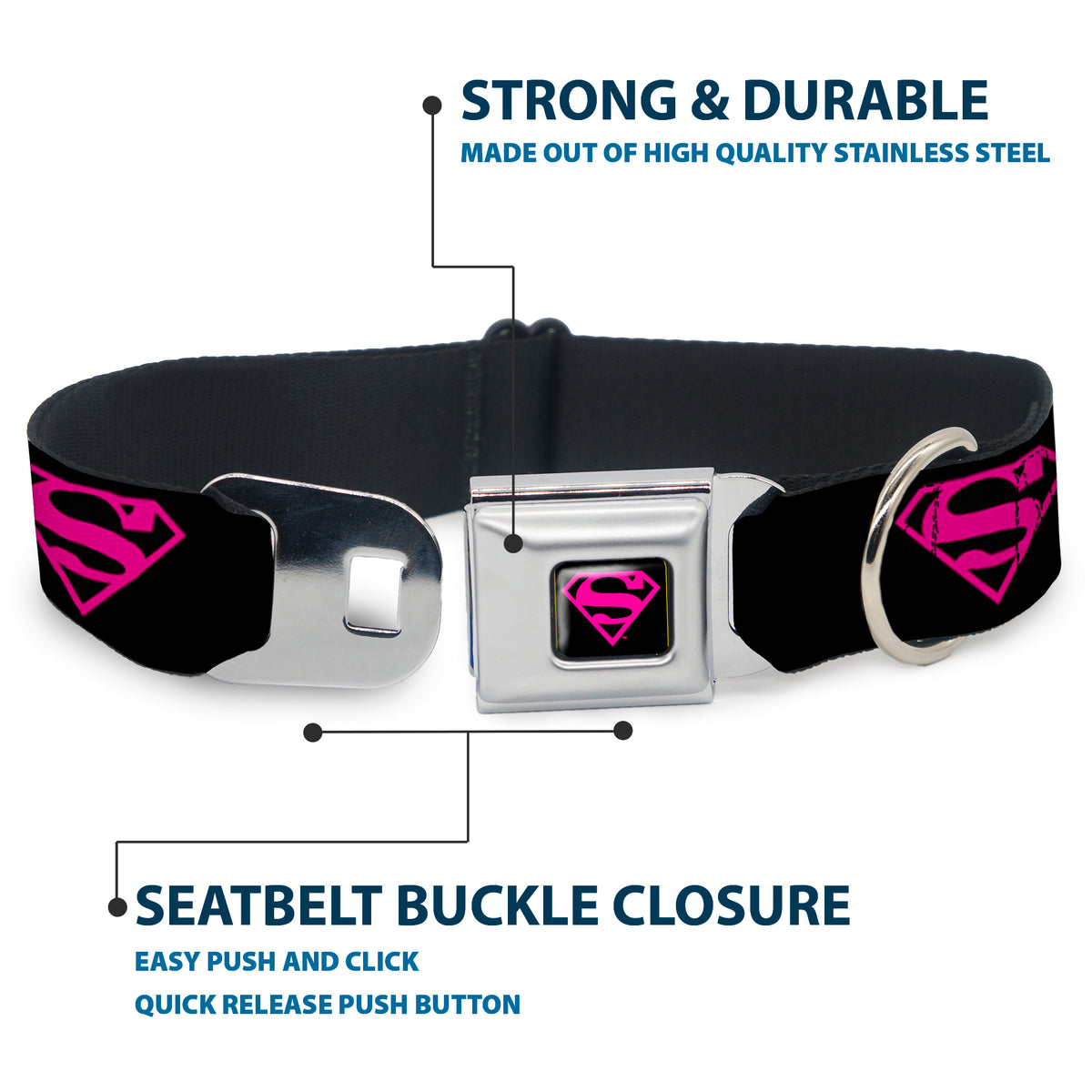 Superman Black/Hot Pink Seatbelt Buckle Collar - Superman Shield Black/Hot Pink Dog Collars Seatbelt Buckle DC Comics