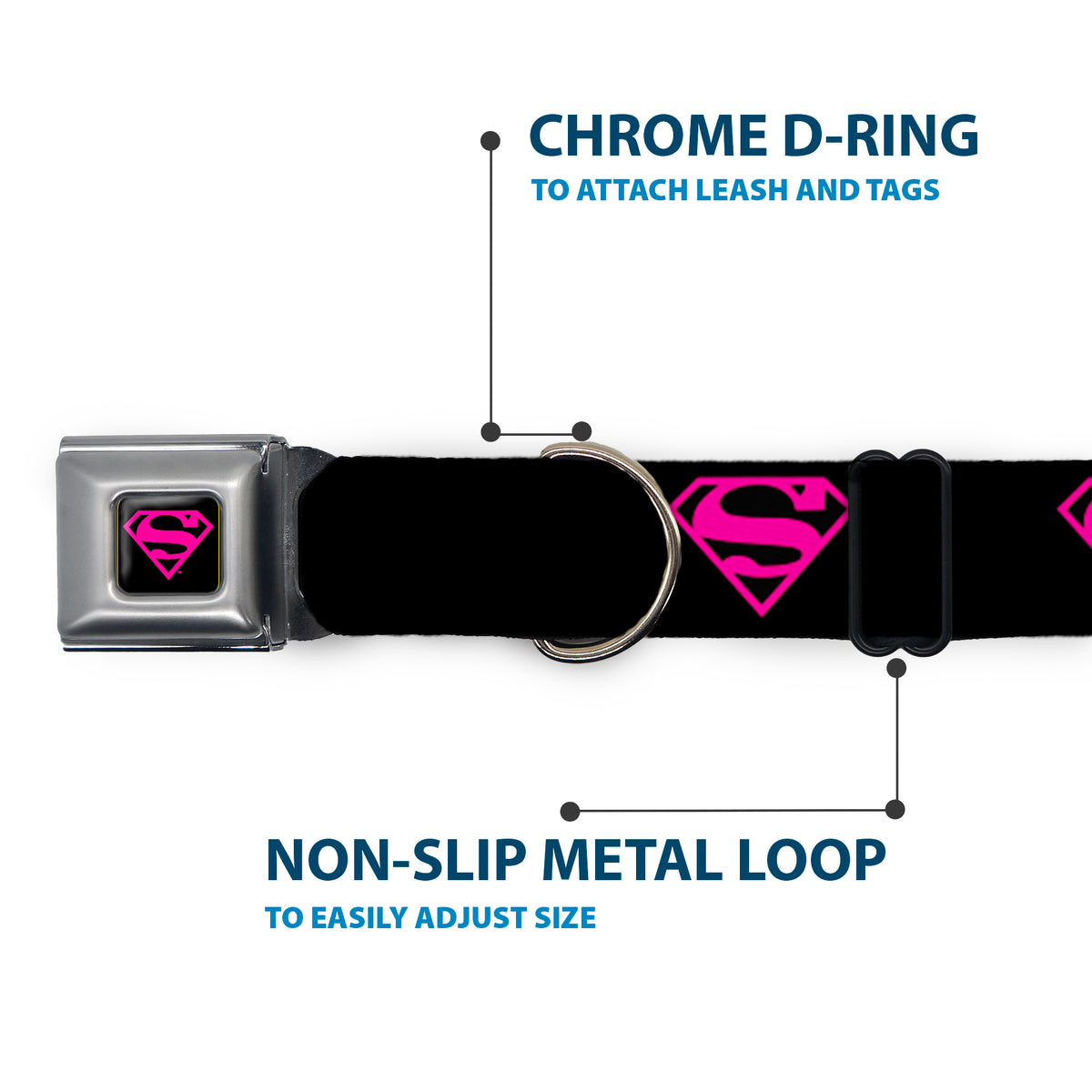 Superman Black/Hot Pink Seatbelt Buckle Collar - Superman Shield Black/Hot Pink Dog Collars Seatbelt Buckle DC Comics