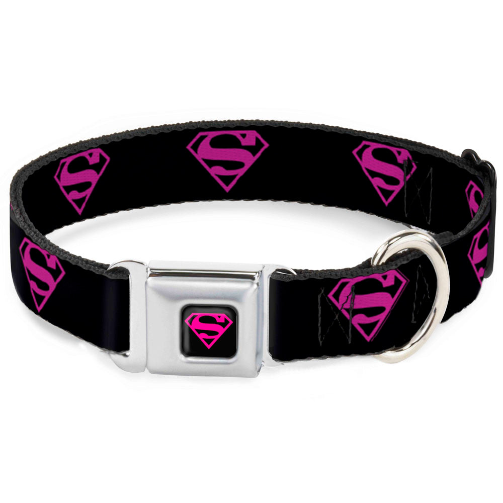 Superman Black/Hot Pink Seatbelt Buckle Collar - Superman Shield Black/Hot Pink Dog Collars Seatbelt Buckle DC Comics