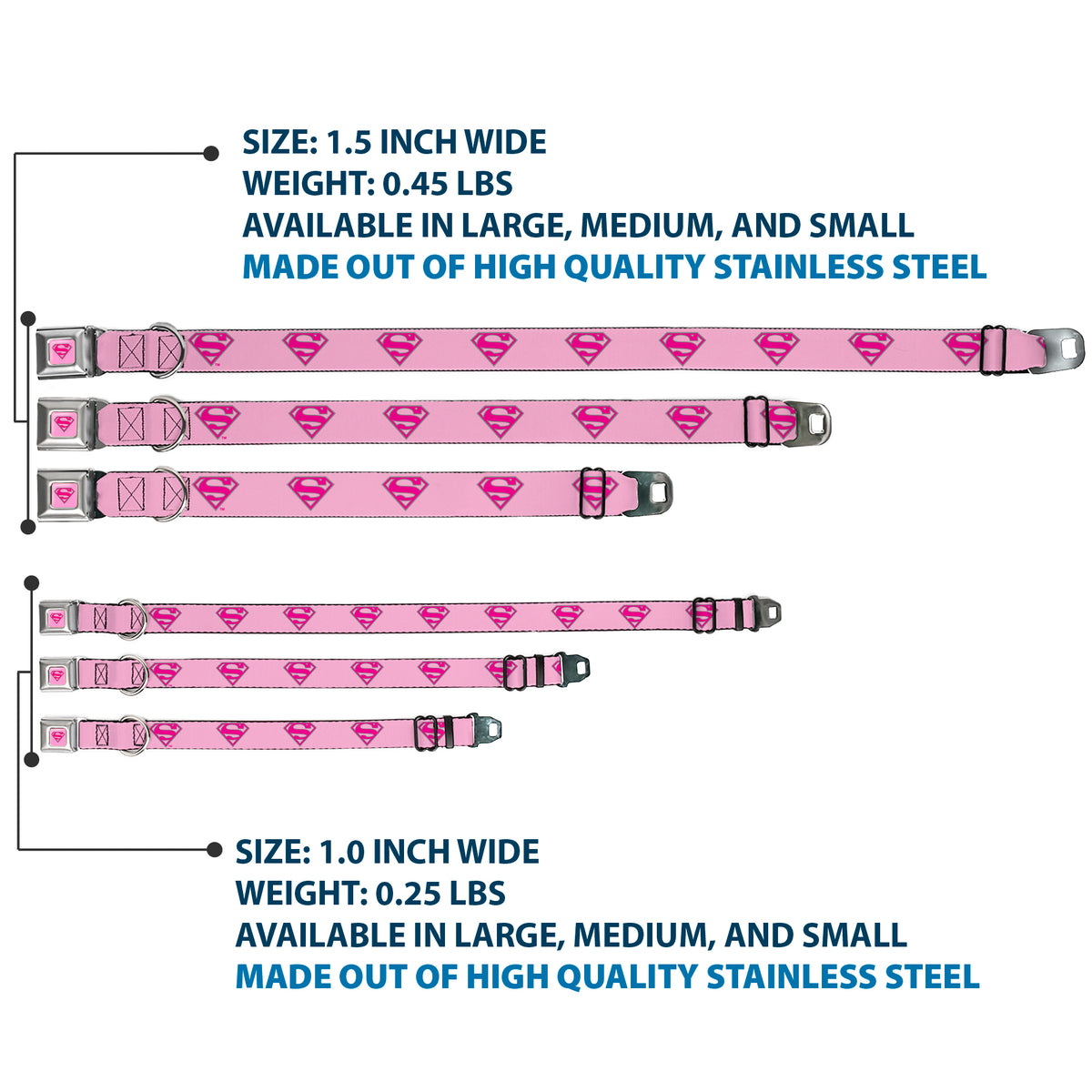 Superman Full Color Pink Seatbelt Buckle Collar - Superman Shield Pink Dog Collars Seatbelt Buckle DC Comics