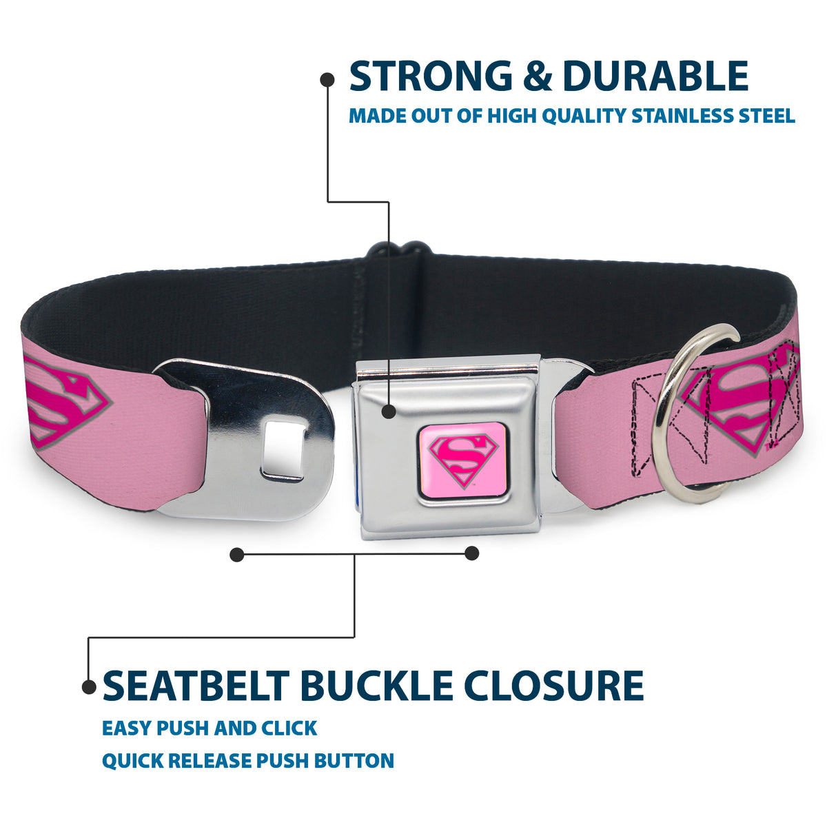 Superman Full Color Pink Seatbelt Buckle Collar - Superman Shield Pink Dog Collars Seatbelt Buckle DC Comics