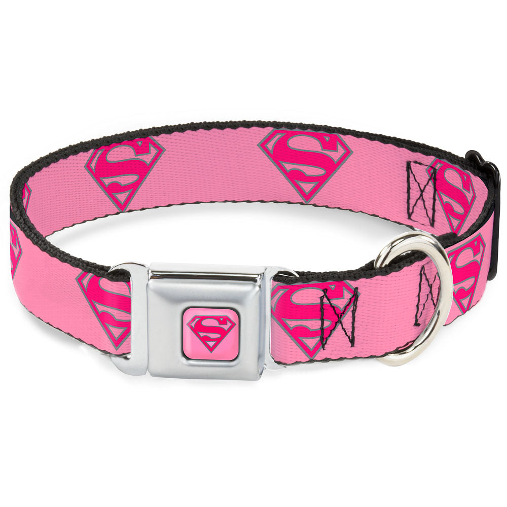 Superman Full Color Pink Seatbelt Buckle Collar - Superman Shield Pink Dog Collars Seatbelt Buckle DC Comics