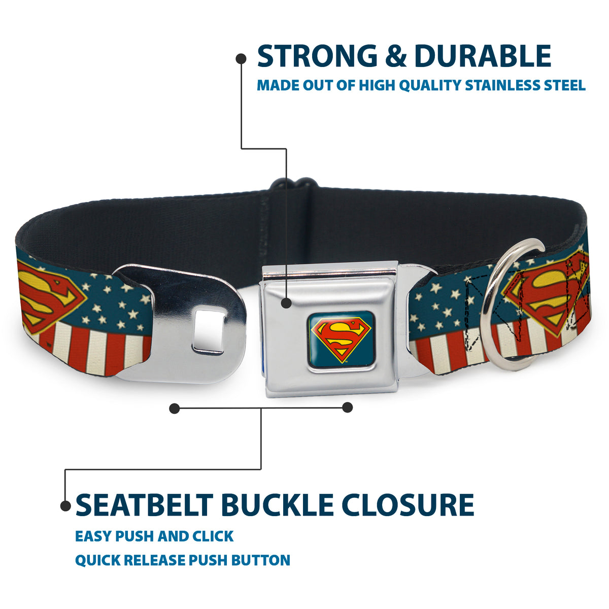 Superman Shield Full Color Americana Blue Seatbelt Buckle Collar - Superman Shield Americana Red/White/Blue/Yellow Dog Collars Seatbelt Buckle DC Comics