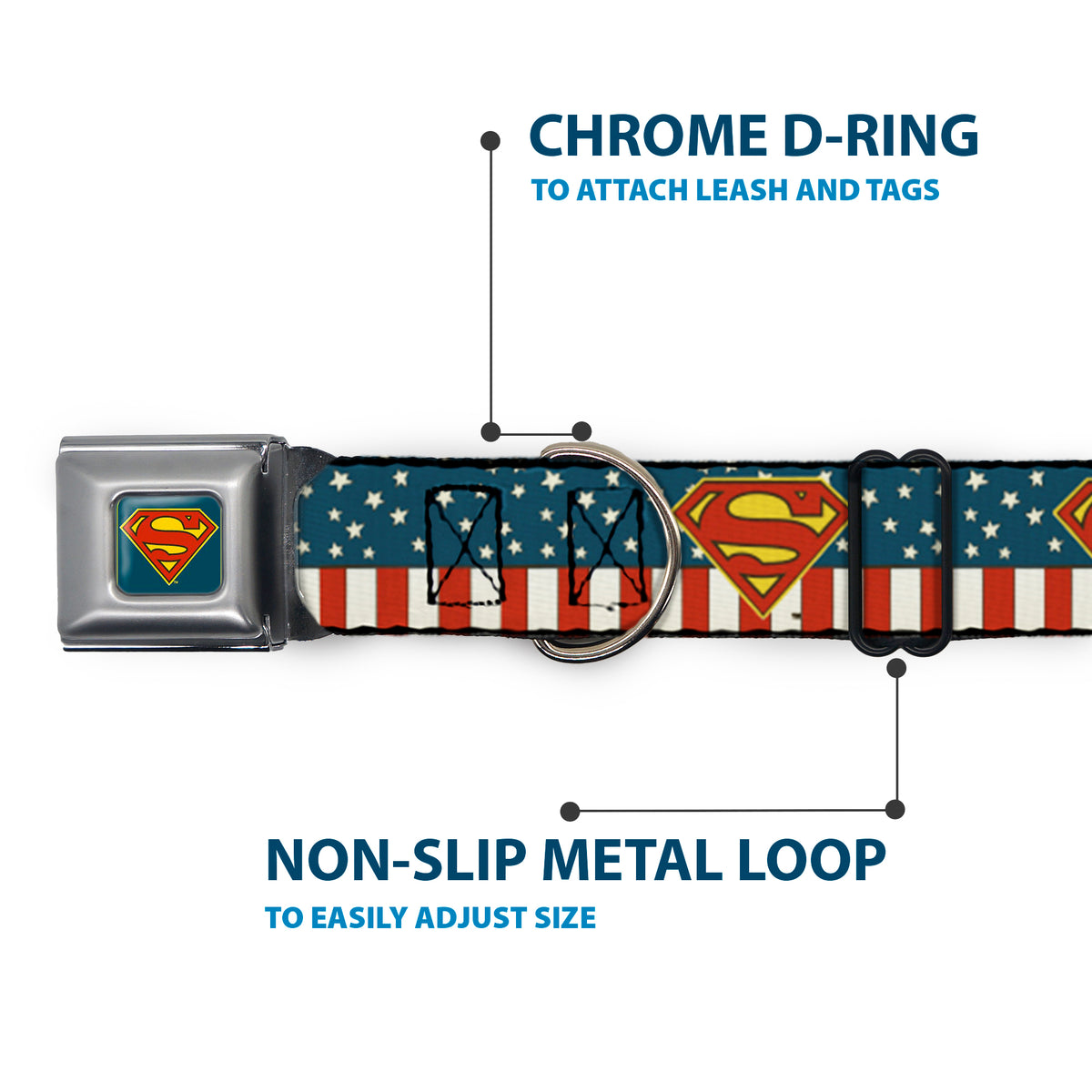 Superman Shield Full Color Americana Blue Seatbelt Buckle Collar - Superman Shield Americana Red/White/Blue/Yellow Dog Collars Seatbelt Buckle DC Comics