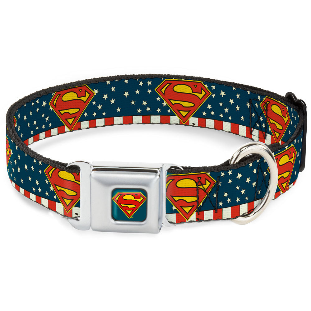 Superman Shield Full Color Americana Blue Seatbelt Buckle Collar - Superman Shield Americana Red/White/Blue/Yellow Dog Collars Seatbelt Buckle DC Comics