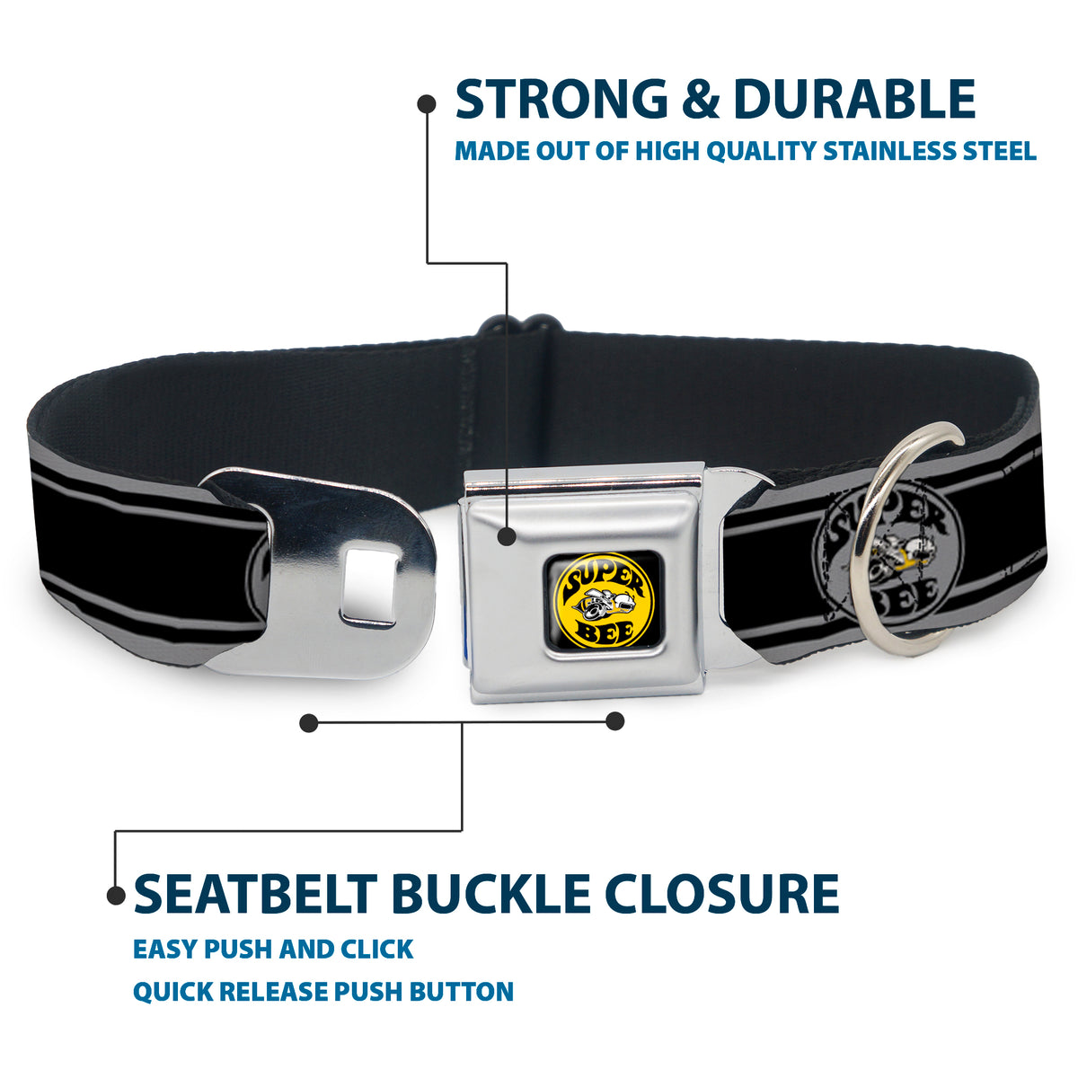 SUPER BEE Logo Full Color Black/Yellow/White Seatbelt Buckle Collar - SUPER BEE Logo/Stripes Black/Gray/Yellow/White Dog Collars Seatbelt Buckle Dodge