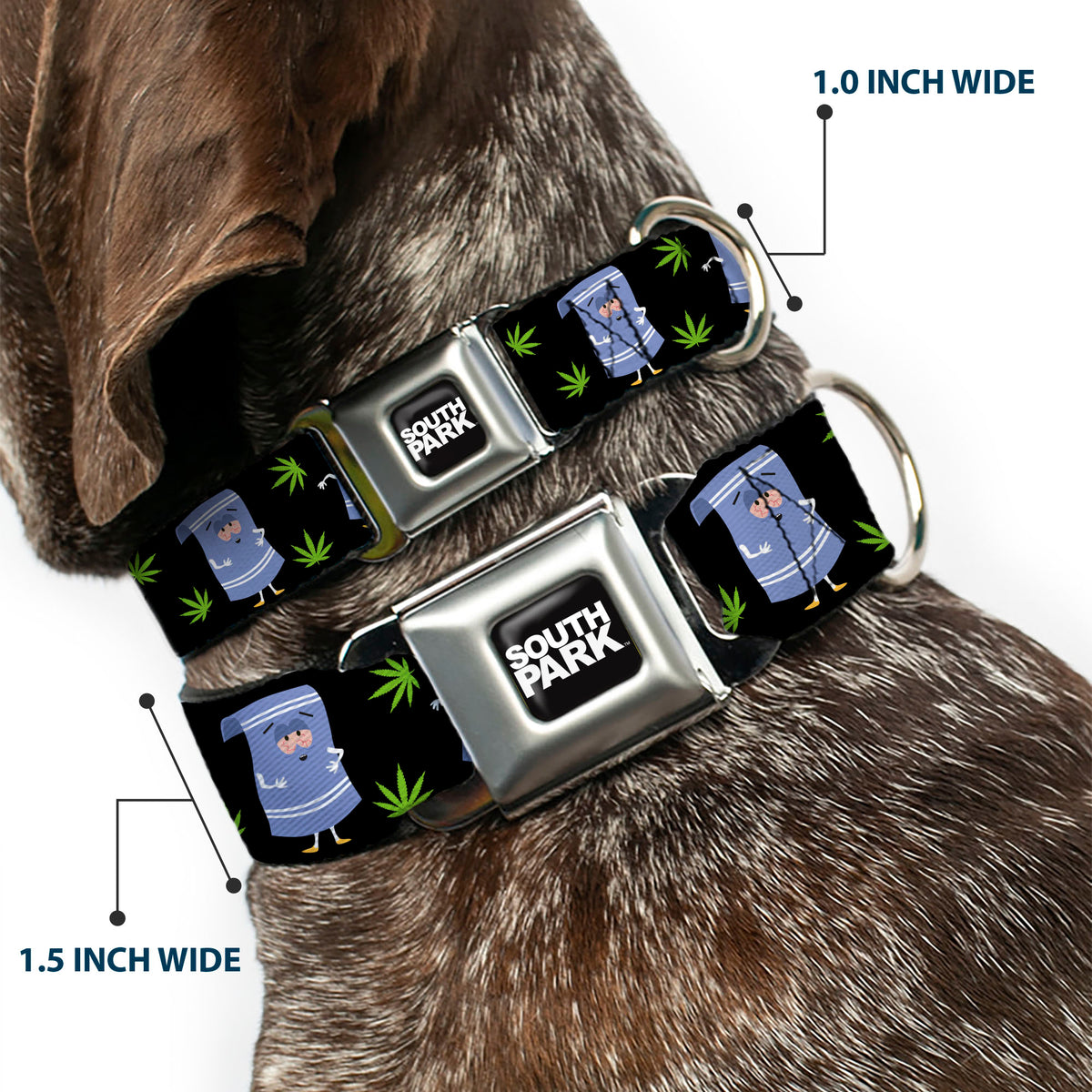 SOUTH PARK Title Logo Full Color Black/White Seatbelt Buckle Collar - South Park Towlie and Scattered Pot Leaves Black Dog Collars Seatbelt Buckle South Park