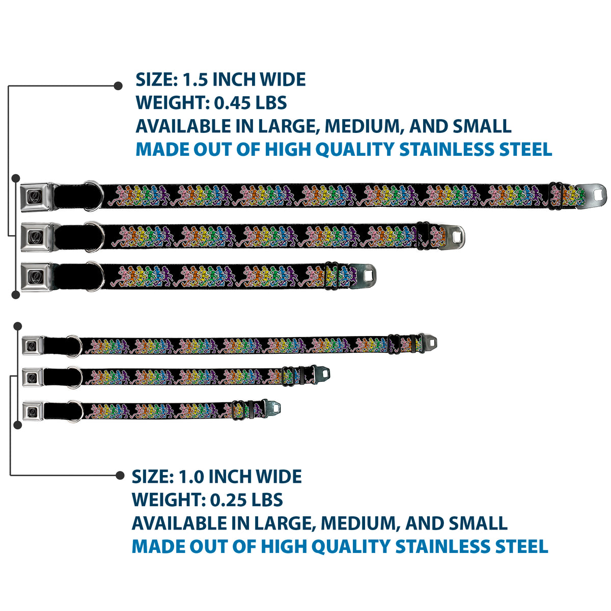 Steal Your Face Seatbelt Buckle Collar - Dancing Skeletons Black/Multi Color Dog Collars Seatbelt Buckle Grateful Dead