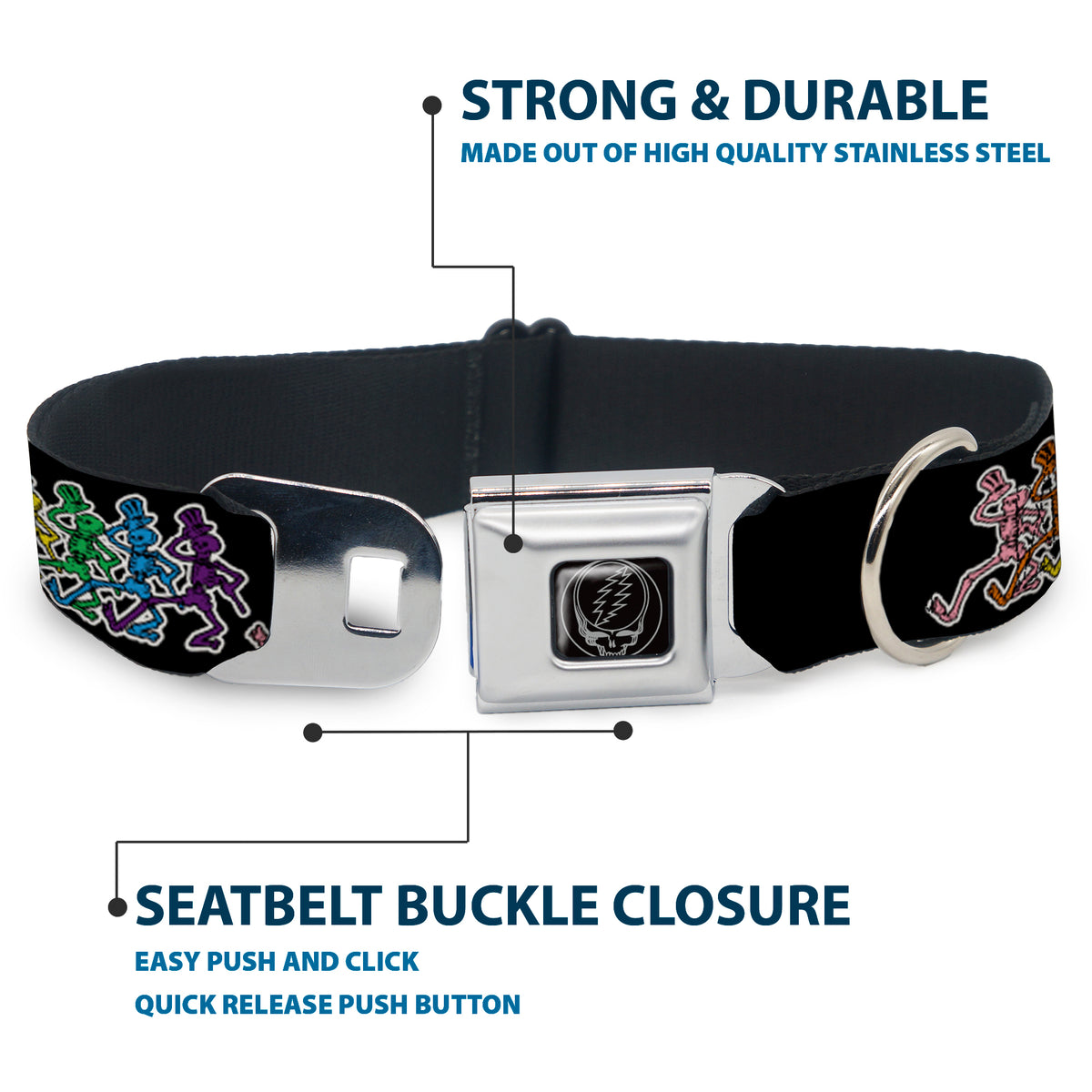 Steal Your Face Seatbelt Buckle Collar - Dancing Skeletons Black/Multi Color Dog Collars Seatbelt Buckle Grateful Dead