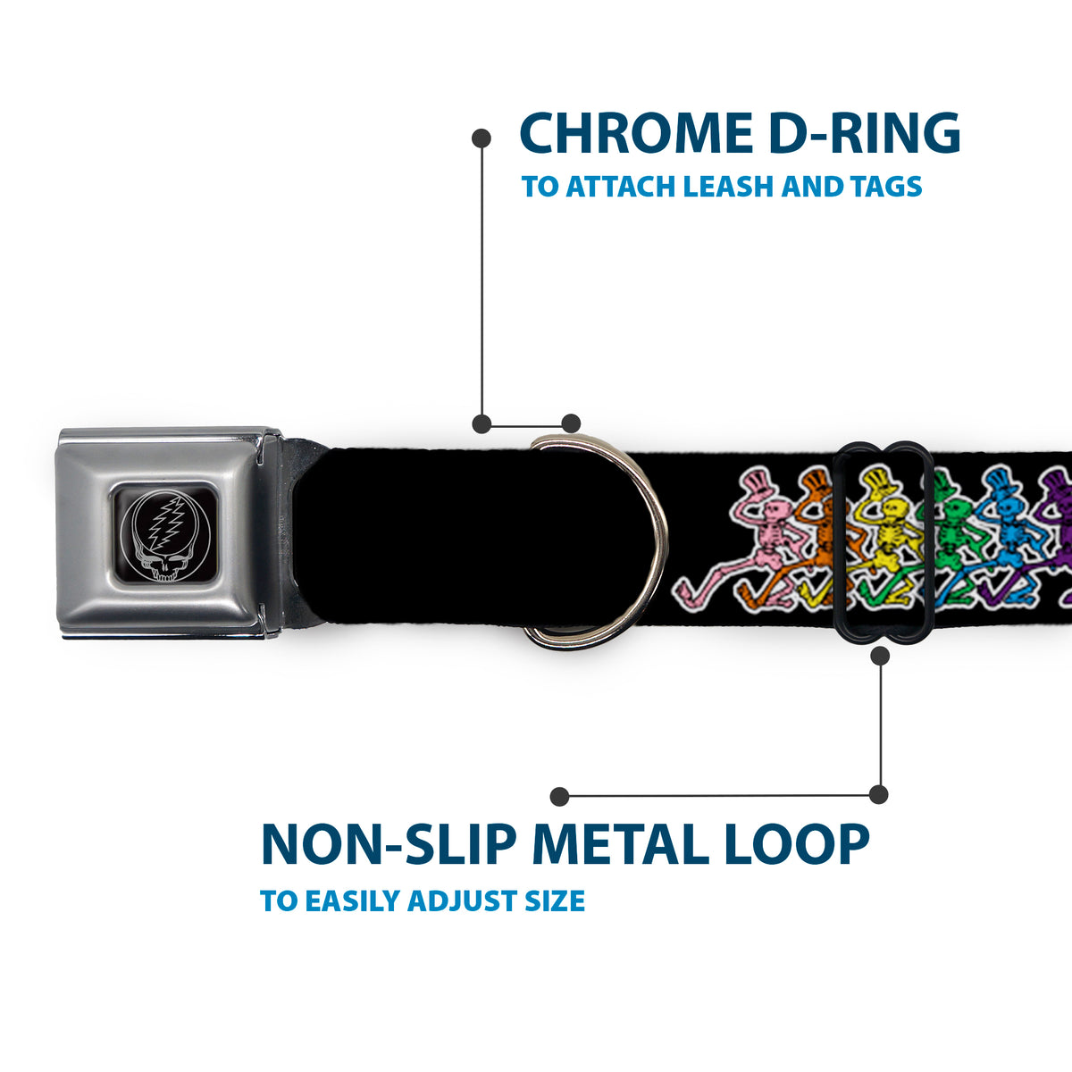 Steal Your Face Seatbelt Buckle Collar - Dancing Skeletons Black/Multi Color Dog Collars Seatbelt Buckle Grateful Dead