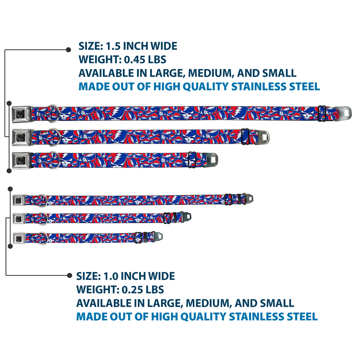 Steal Your Face Seatbelt Buckle Collar - Steal Your Face Stacked Red/White/Blue Dog Collars Seatbelt Buckle Grateful Dead