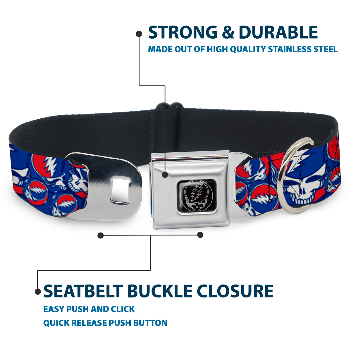Steal Your Face Seatbelt Buckle Collar - Steal Your Face Stacked Red/White/Blue Dog Collars Seatbelt Buckle Grateful Dead