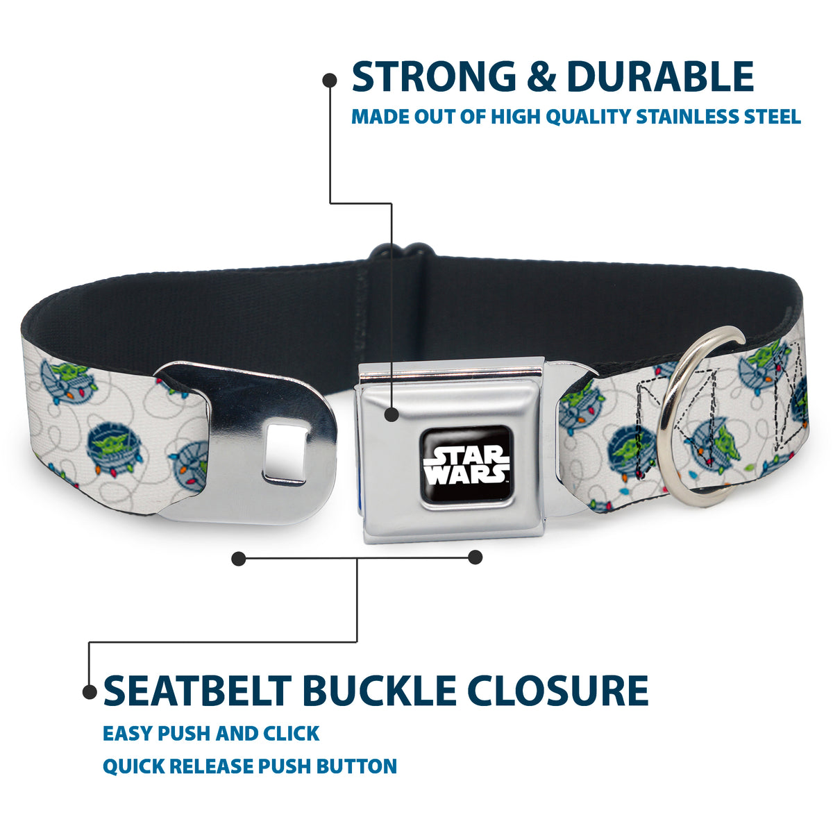 STAR WARS Logo Black/White Seatbelt Buckle Collar - Star Wars The Child Holiday Carriage Pod Scattered White/Gray Dog Collars Seatbelt Buckle Star Wars