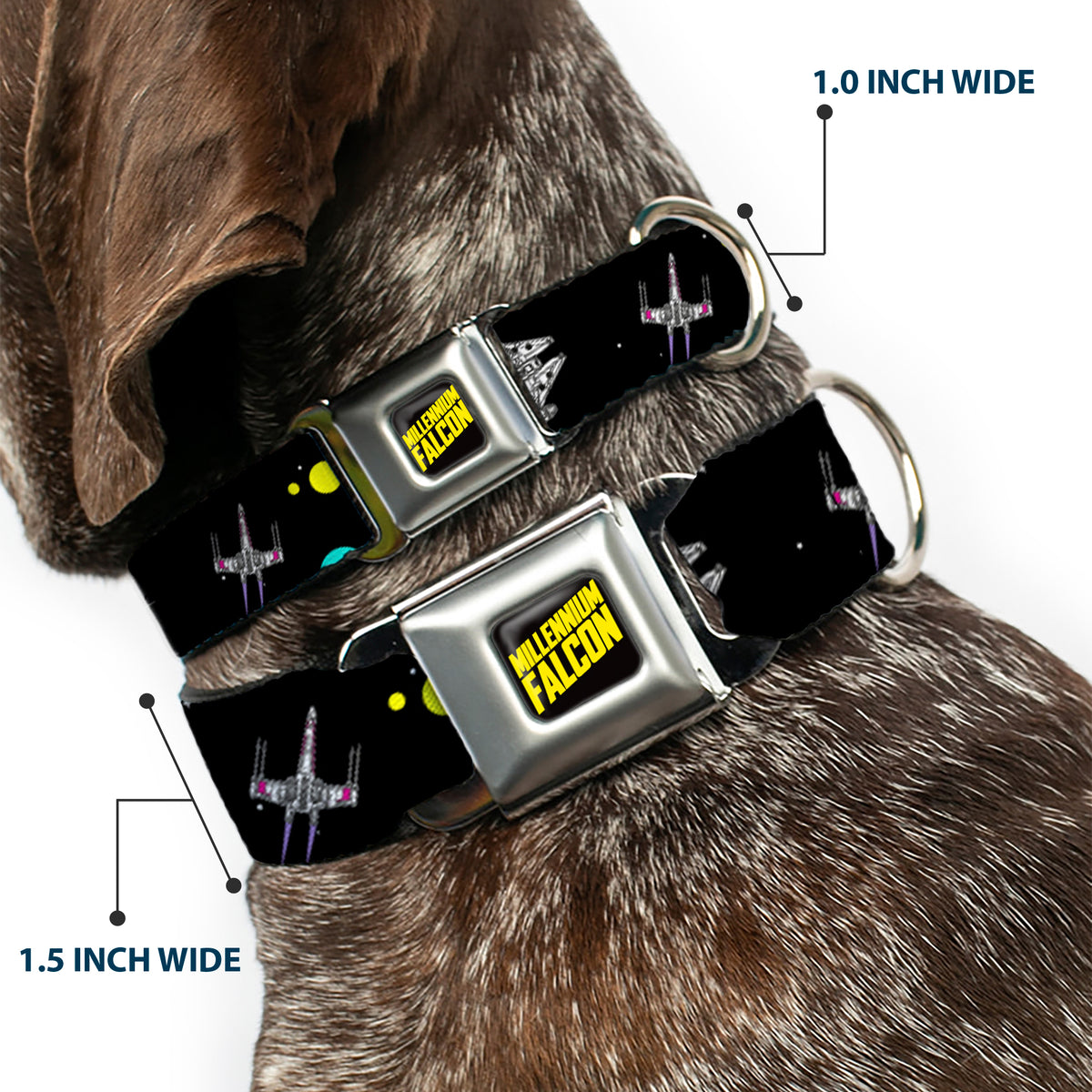 Star Wars MILLINNIUM FALCON Text Full Color Black/Yellow Seatbelt Buckle Collar - Star Wars Death Star Millennium Falcon and X-Wing Fighter in Space Black Dog Collars Seatbelt Buckle Star Wars