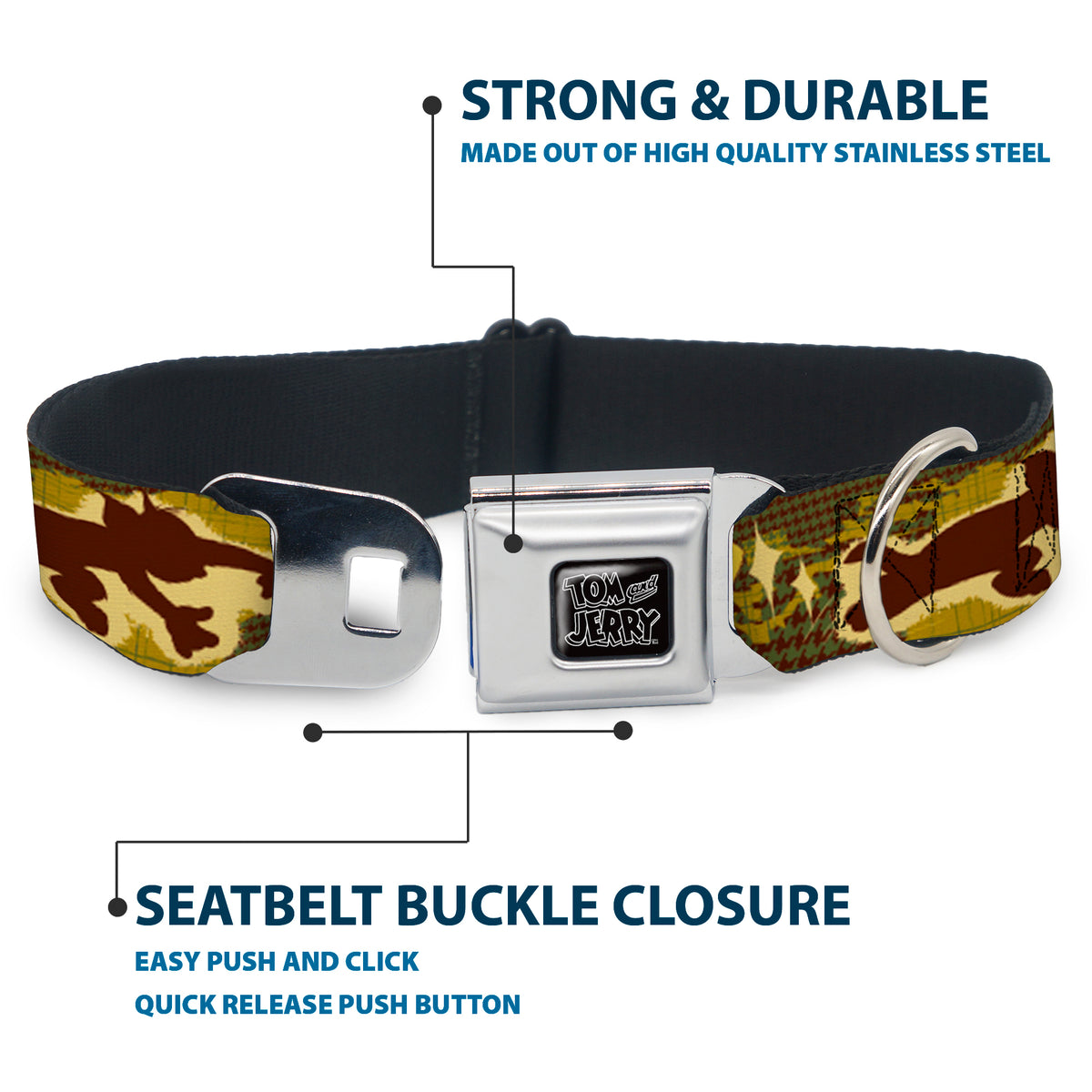 Tom and Jerry Logo Full Color Black Red Seatbelt Buckle Collar - TOM & JERRY Tom Chasing Jerry Houndstooth Browns Dog Collars Seatbelt Buckle Tom and Jerry