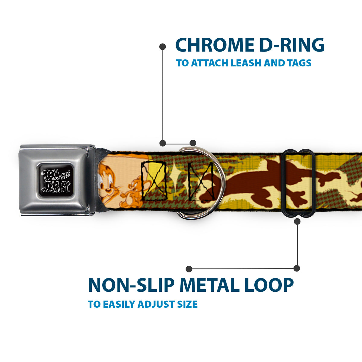Tom and Jerry Logo Full Color Black Red Seatbelt Buckle Collar - TOM & JERRY Tom Chasing Jerry Houndstooth Browns Dog Collars Seatbelt Buckle Tom and Jerry