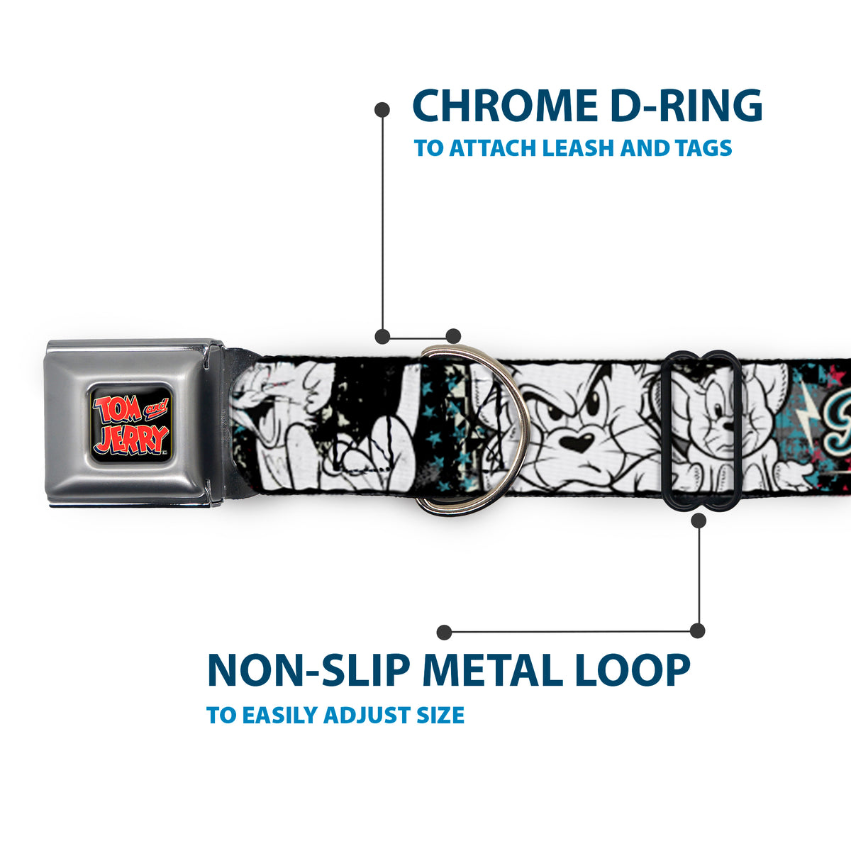 Tom and Jerry Logo Full Color Black Red Seatbelt Buckle Collar - TOM & JERRY Face & Pose Sketch Black/White/Red/Blue Dog Collars Seatbelt Buckle Tom and Jerry