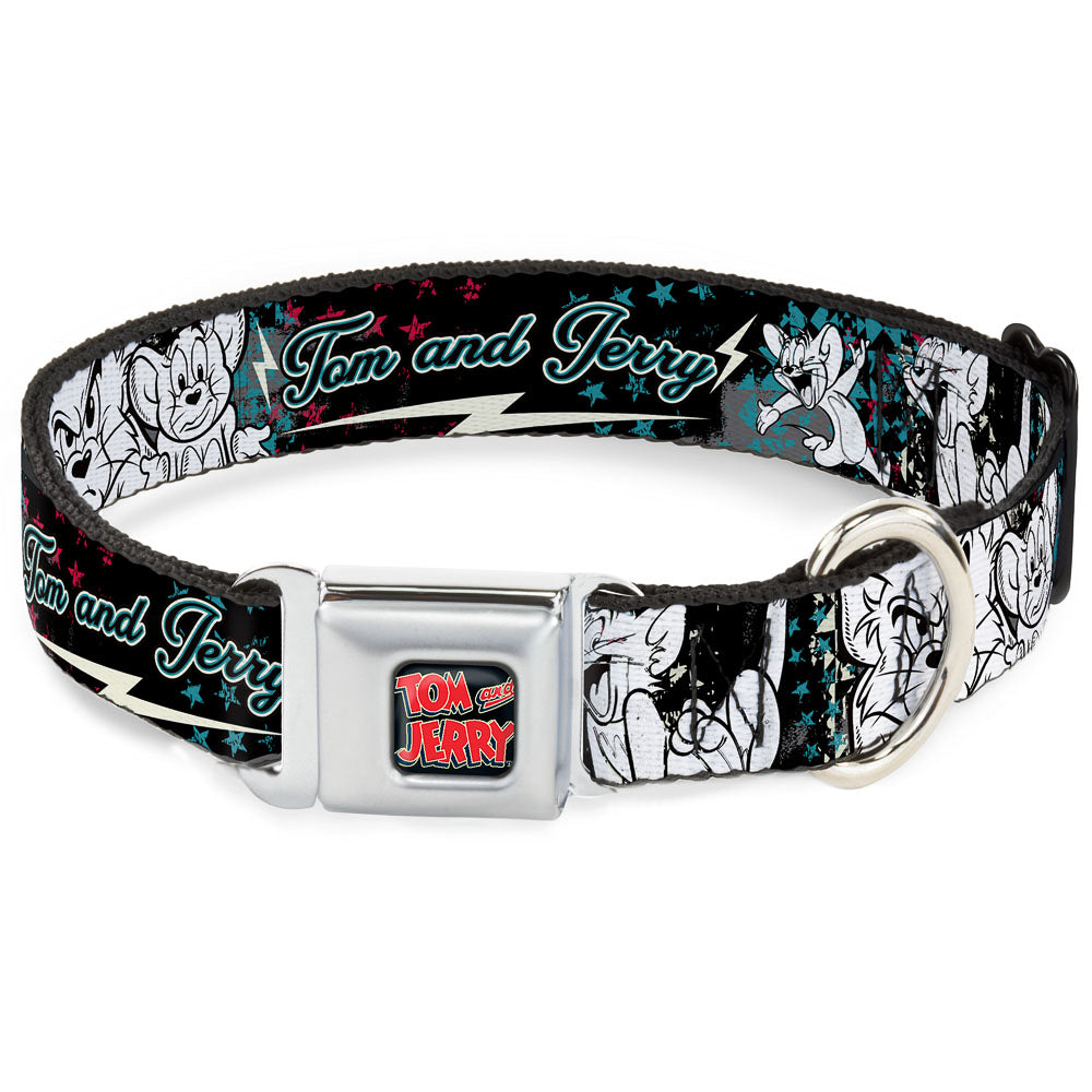 Tom and Jerry Logo Full Color Black Red Seatbelt Buckle Collar - TOM & JERRY Face & Pose Sketch Black/White/Red/Blue Dog Collars Seatbelt Buckle Tom and Jerry